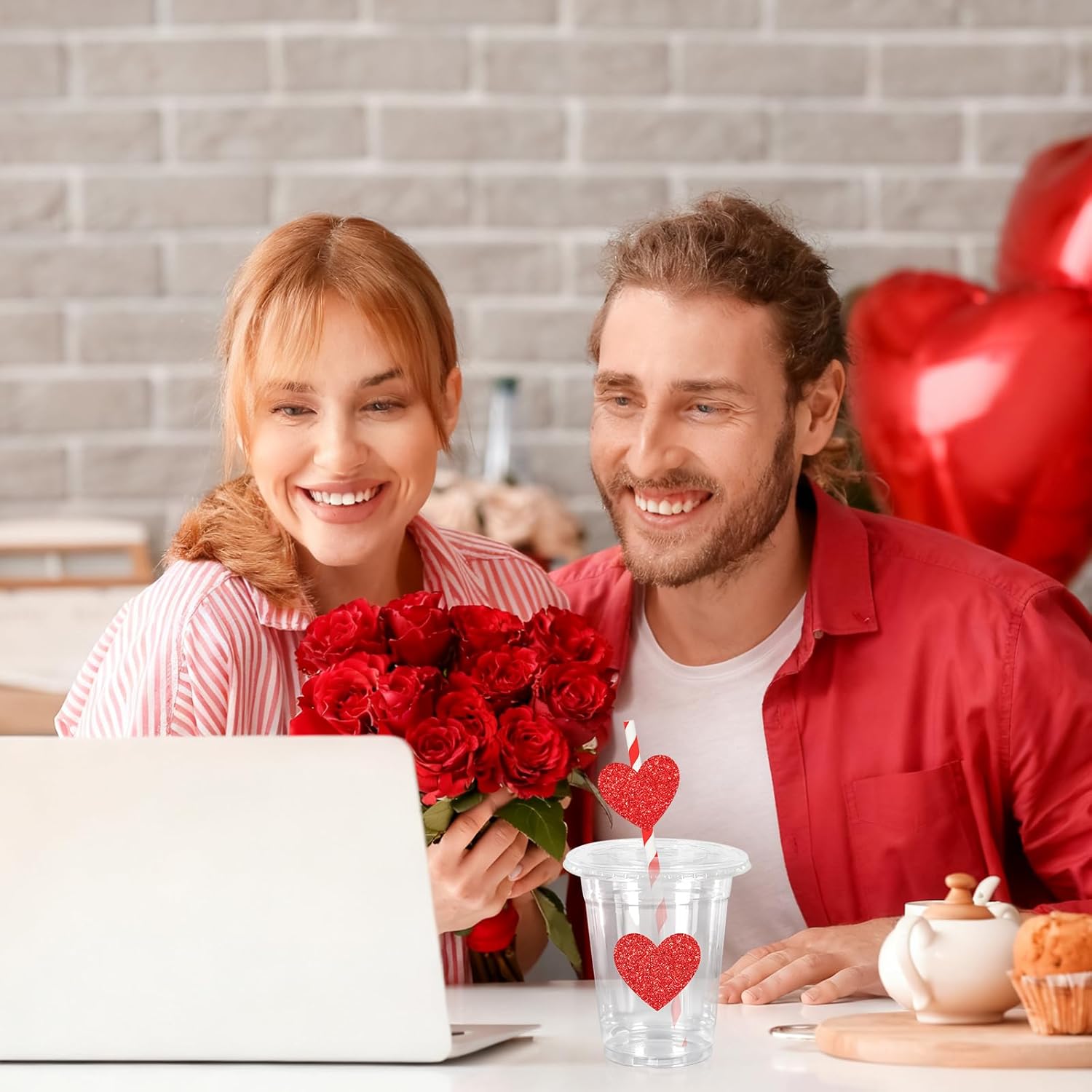 JarThenaAMCS 50Pcs Valentine's Day Disposable Plastic Cups with Lids and Straws 12oz Red Heart Glitter Party Cups Cold Beverage Drinking Cups for Wedding Birthday Party Supplies - Image 5