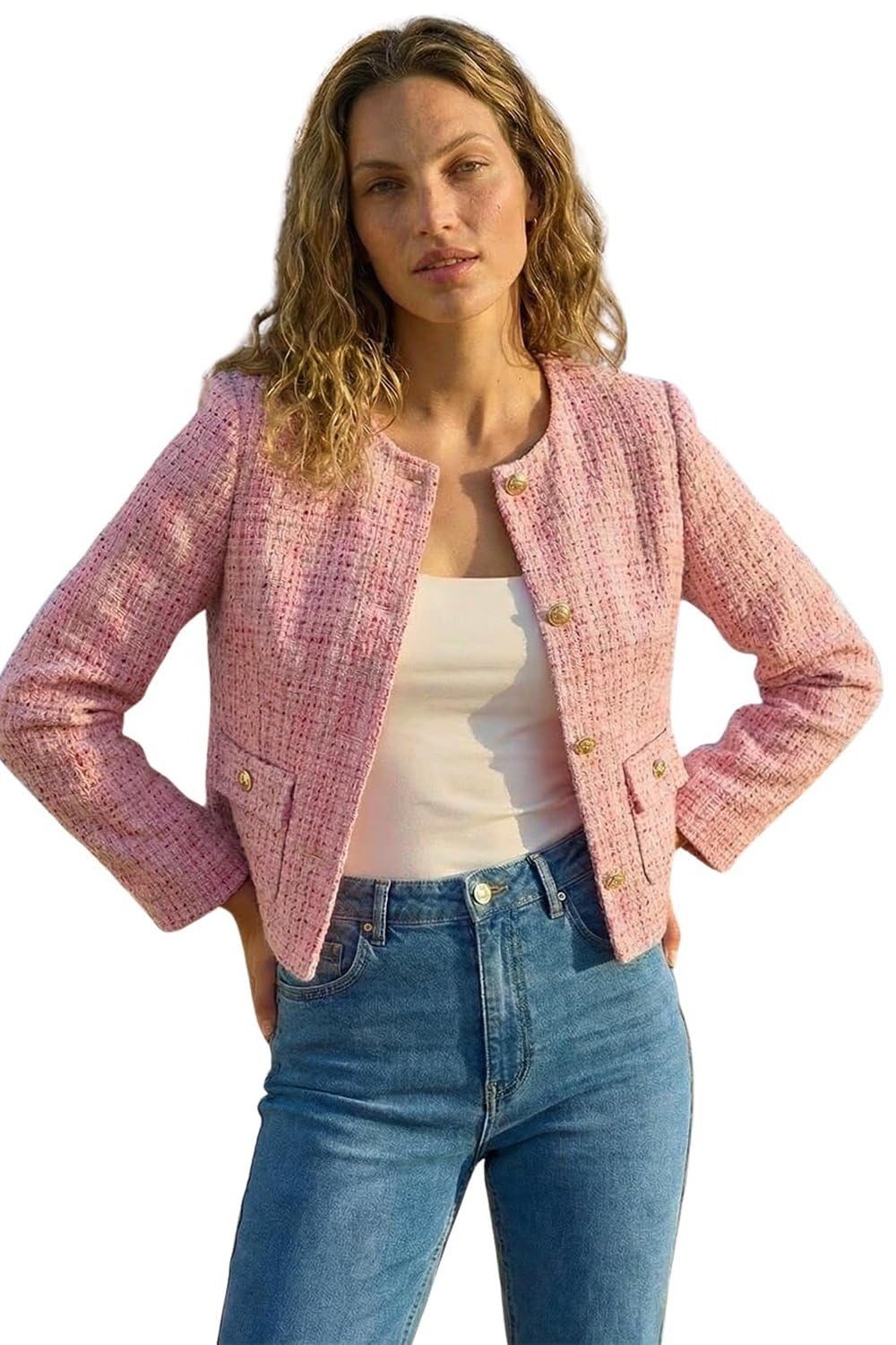 Roman Women's Pink Collarless Sequin Boucle Jacket Size 16