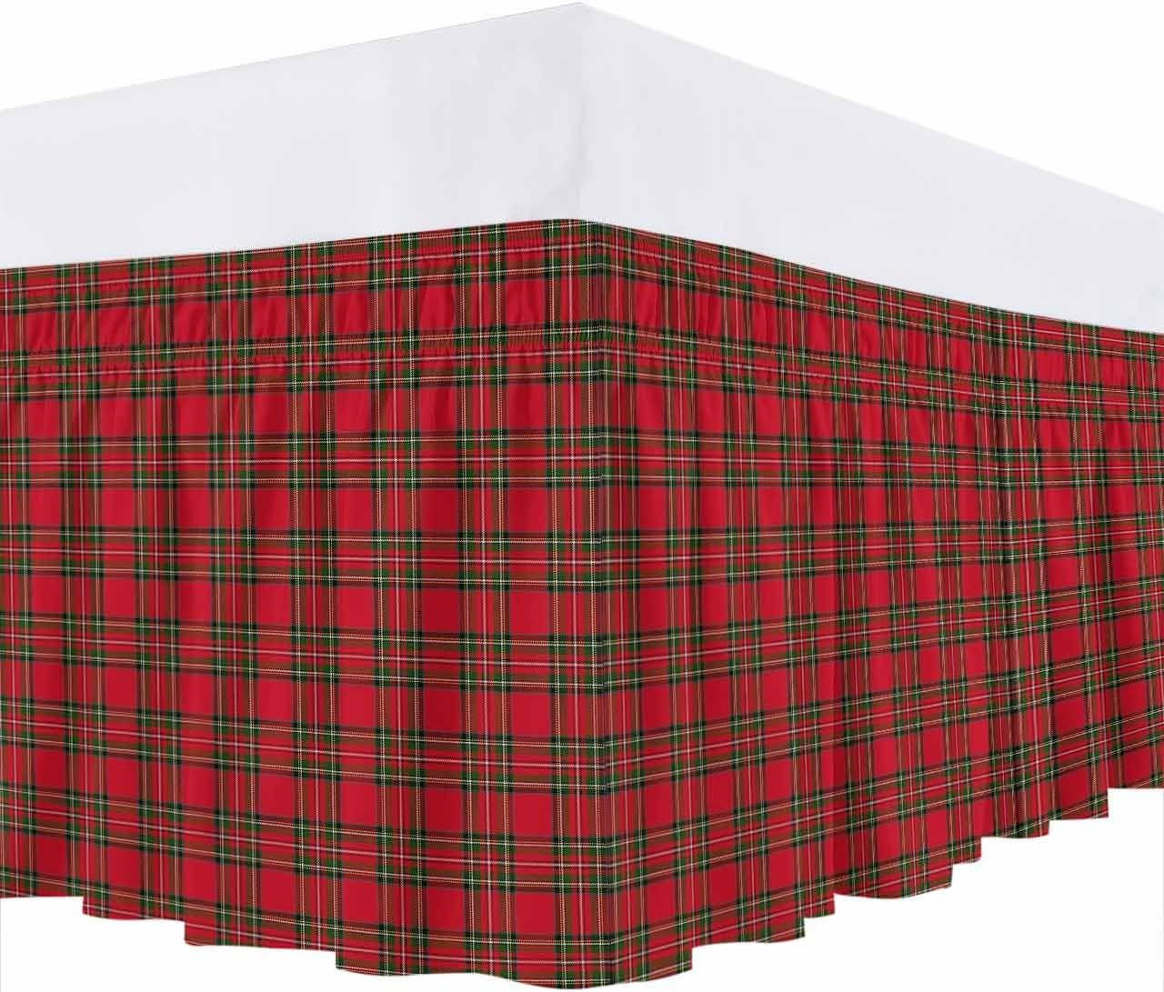 Bed Skirt Red Green Plaid Bed Skirt 16 Inch Drop Xmas Buffalo Checkered Elastic Wrap Around Bed Skirt Dust Ruffle for Queen Size Bed
