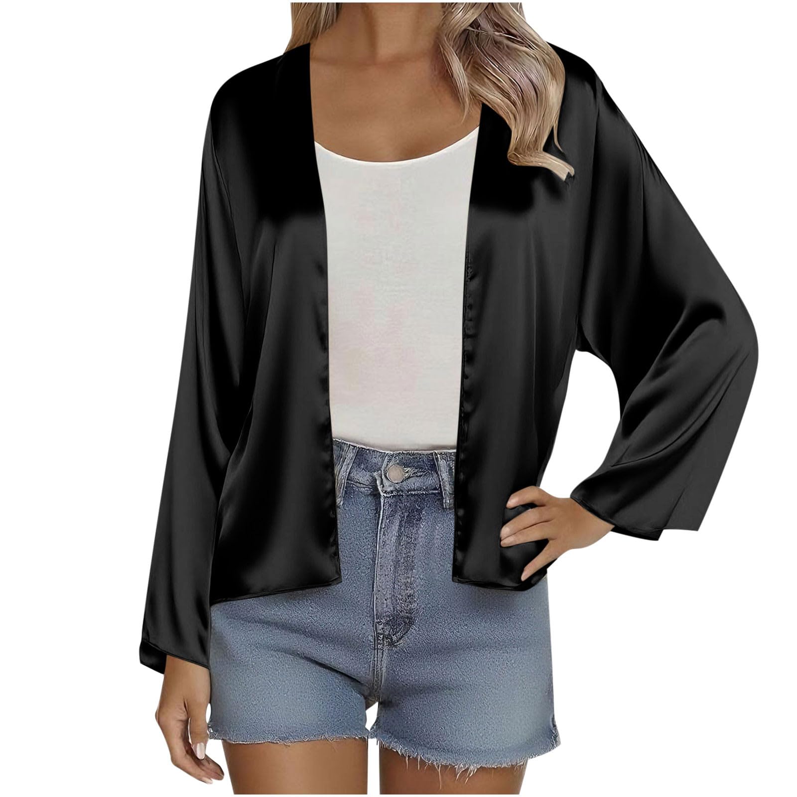 Satin Cardigan for Womens Open Front Elegant Formal Long Sleeve Jacket Casual Loose Solid Color Comfy Cardigans