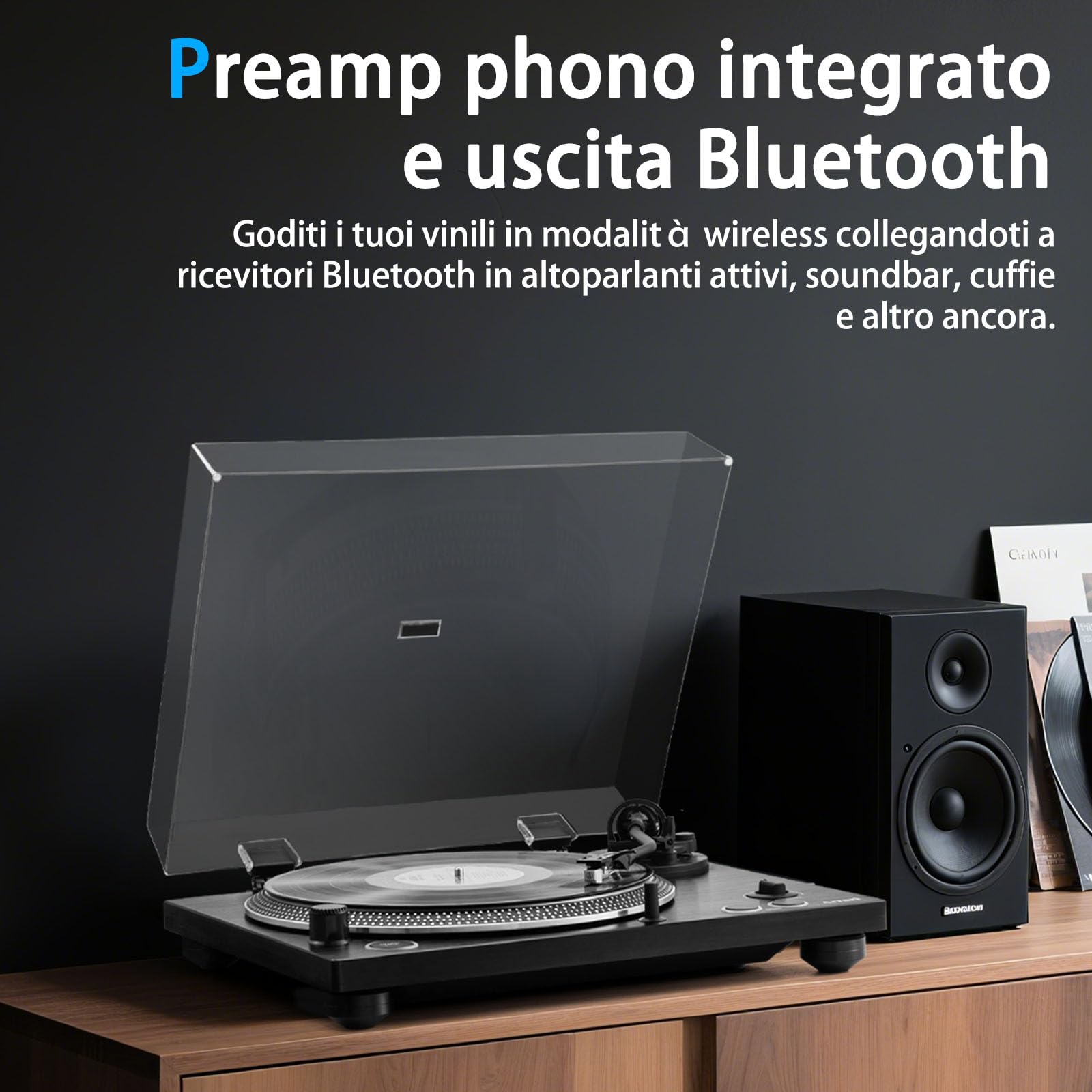 PR-101 Giradischi a Cinghia 2 Velocità 33/45 RPM, Cartuccia Magnetica Mobile AT-3600L, Connessione Wireless, Preamplificatore Phono Integrato