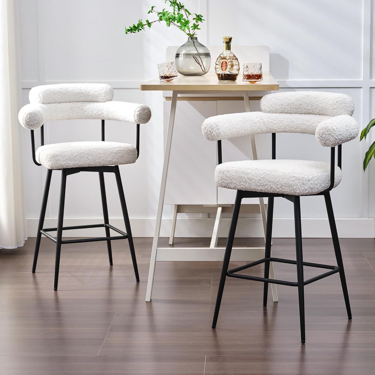 26.7’’ Bar Stools Set of 2, Modern Upholstered Barstools with Arms and Back, Boucle Fabric, 360 Swivel Stools with Metal Leg and Footrest, Counter Height Bar Chairs for Kitchen Island, White