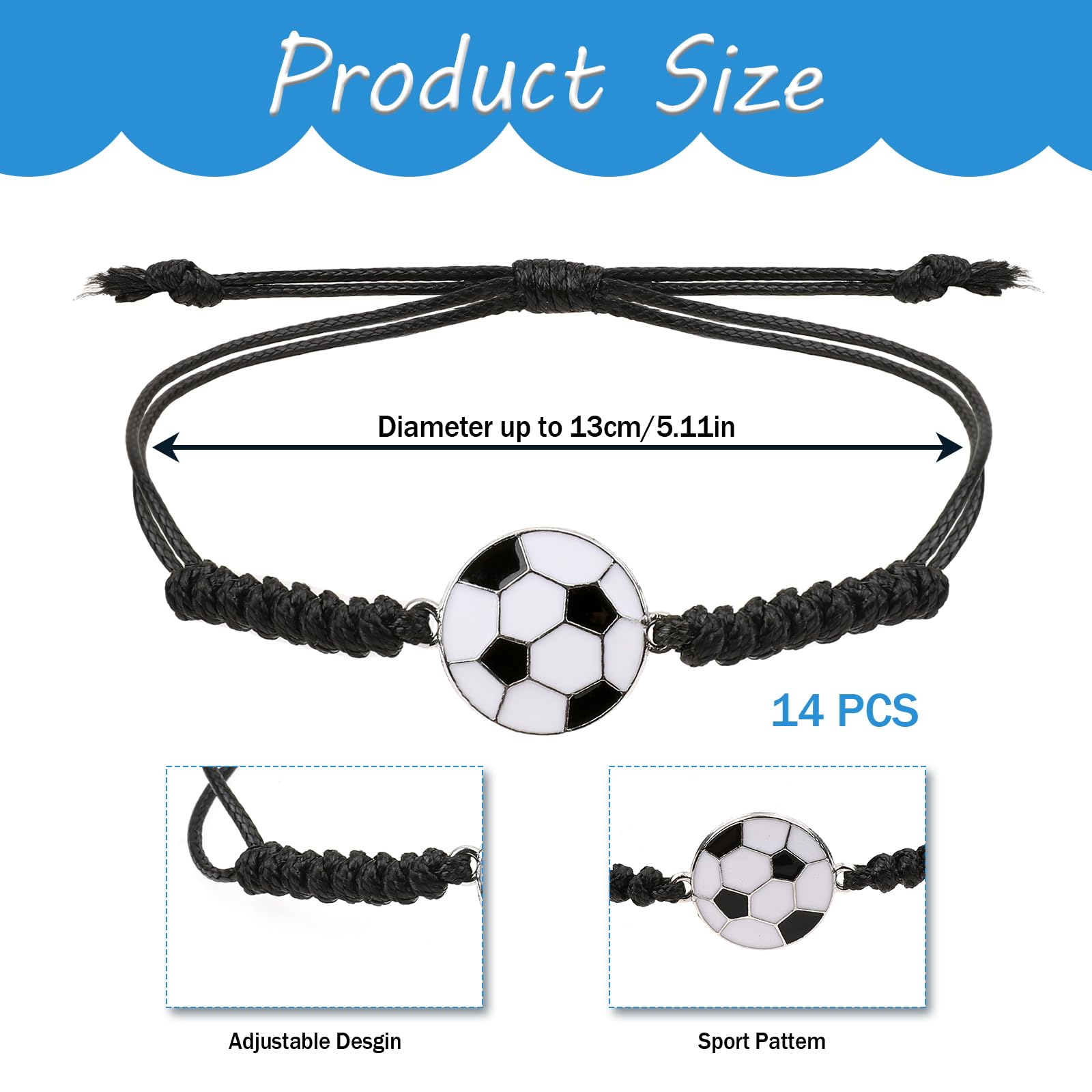 14 pulseras de la amistad para niños, pulsera de fútbol ajustable, pulsera deportiva tejida, pulsera de la amistad, de metal, para cumpleaños, fiestas, 16 bis 24 cm, Nailon Metal