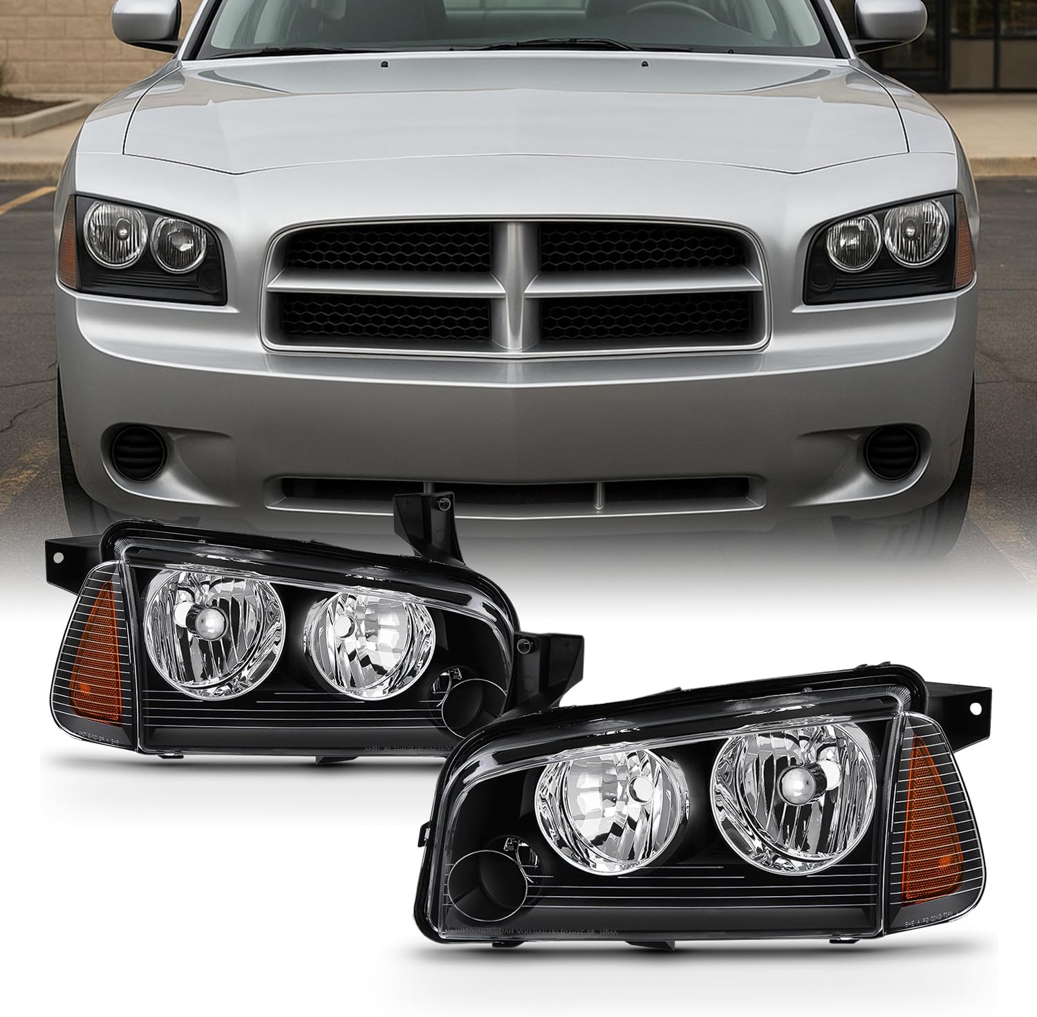 AKKON - Fits 2006-2010 Dodge Charger [Halogen Style] Chrome Headlamp Left+Ritght Pair Headlights Replacement