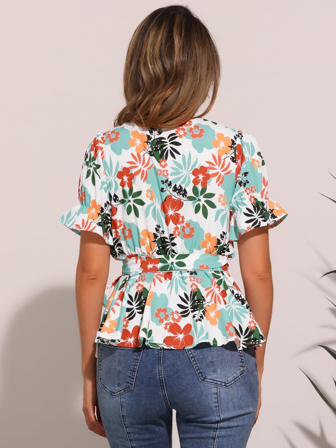 Allegra K Women's Wrap Peplum Top Blouse 2025 Summer Floral Short Sleeve Ruffle V Neck Belted Shirts - Image 4