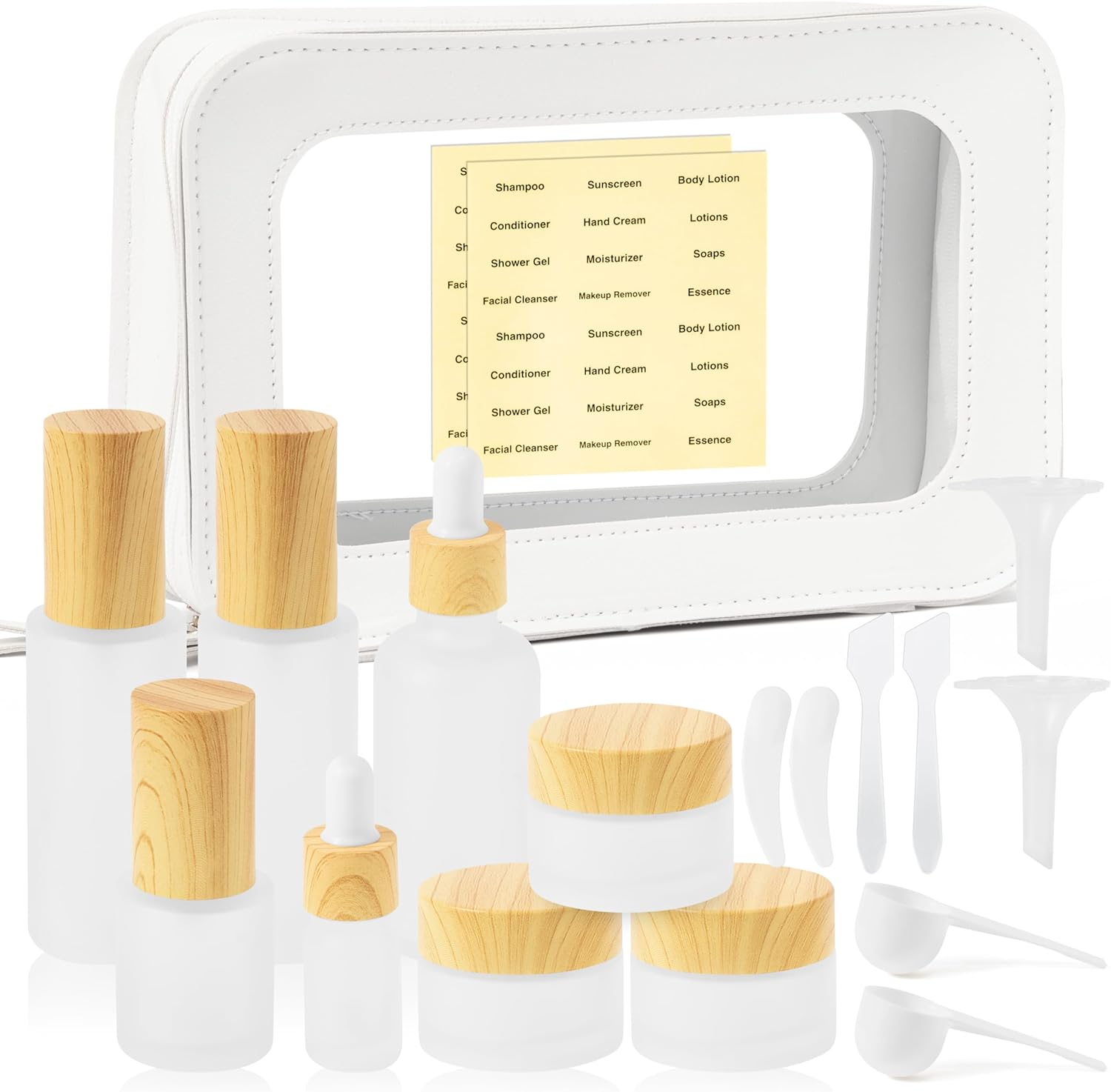 Glass Travel Bottles for Toiletries - 19pcs Skincare Travel Containers with PU Leather Toiletry Bag, Pump Spray Bottle Cream Jar Leak Proof Mini Makeup Containers for Serum Moisturizer Toner