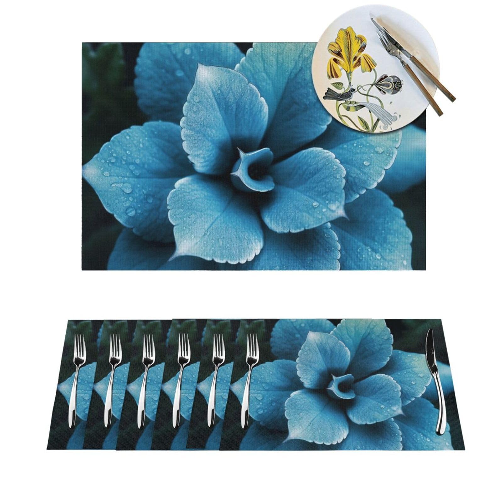 Tapis de table lavable en PVC à motif plante bleue pour repas en cuisine et extérieur