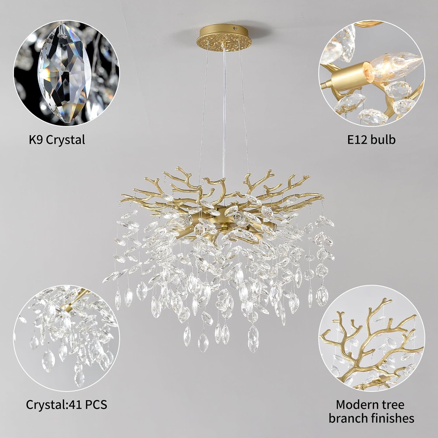 EGM Gold Tree Branch Crystal Chandelier 18-Inch, Crystal Chandelier for Dining Room 6-Light, Hanging Round Raindrop Chandeliers for Living Room E12