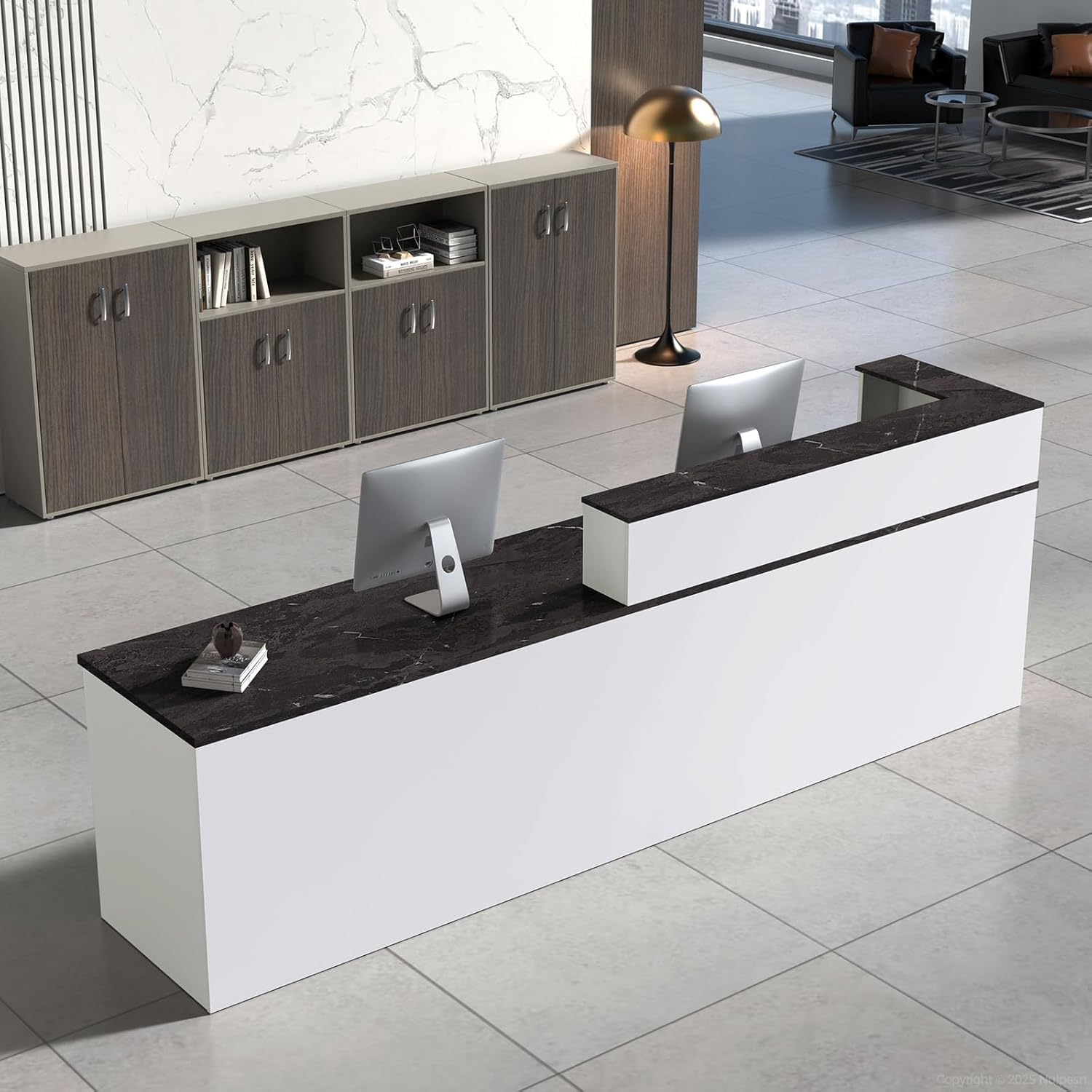 Modern Reception Desk with Counter, Storage, Keyboard Tray, and Lockable Drawers, Sleek Front Desk for Office, Salon, Store, and Commercial Spaces (White+Black/Right, 71" L*24" W*39" H)