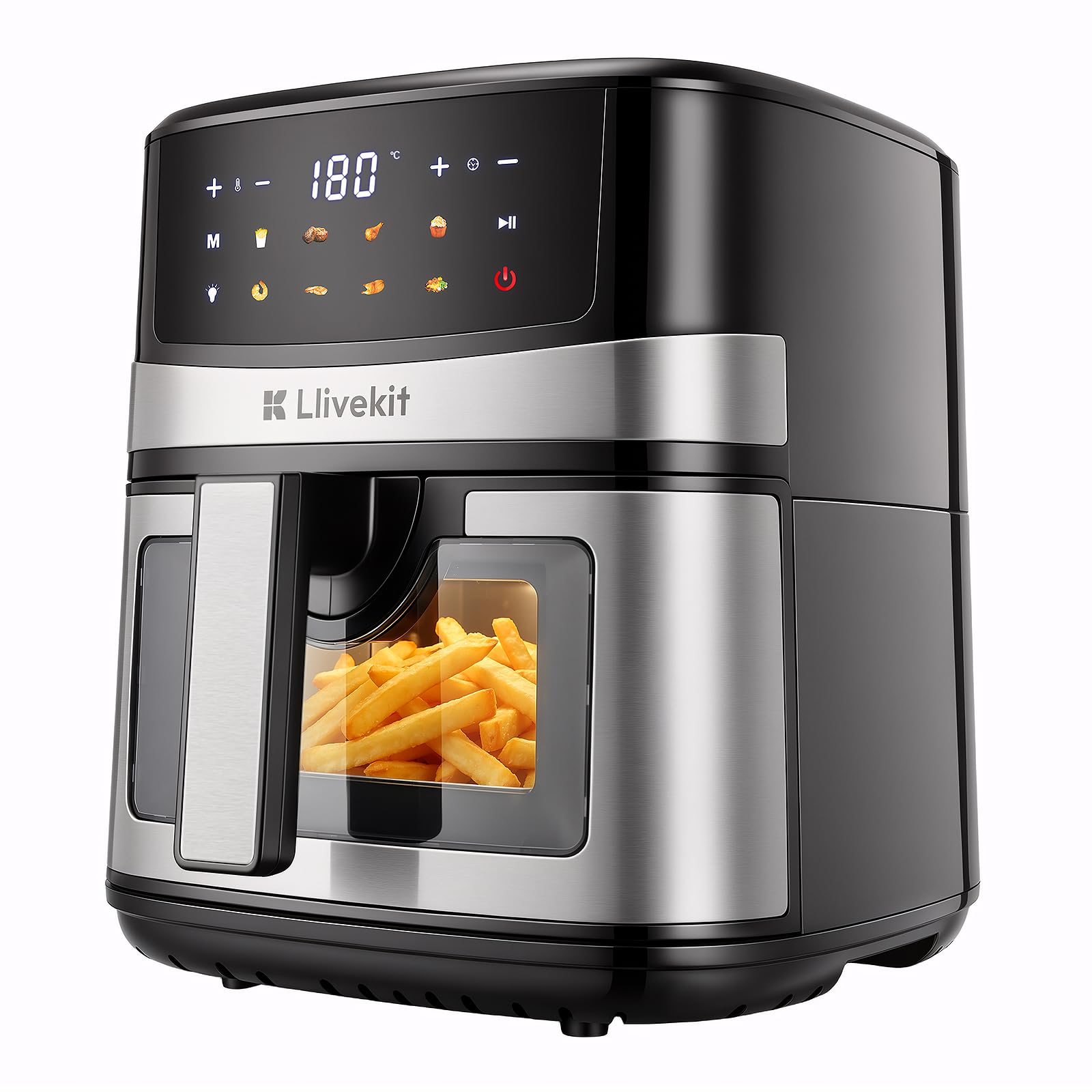 LLIVEKIT 7L Air Fryer with Full Colour Touchscreen, Turbo Air Circulation, Viewing Window & Interior Light, 8 Presets, 1600W, Uses No Oil, 70% Energy Saving, Compact Family Size, Black Silver