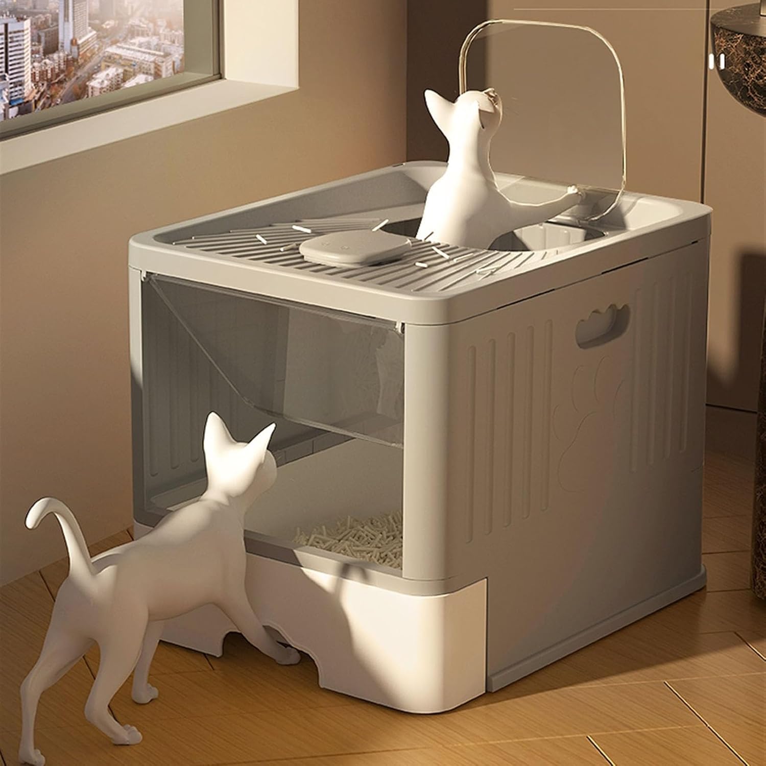 Litterbox Cat Litter Box with Handy Litter Scoop, Large Top Entry Anti-Splashing Litter Box with Lid, Enclosed Plastic Cat Litter Box, Drawer Type Cat Toilet Cat Litter Tray(Gris)