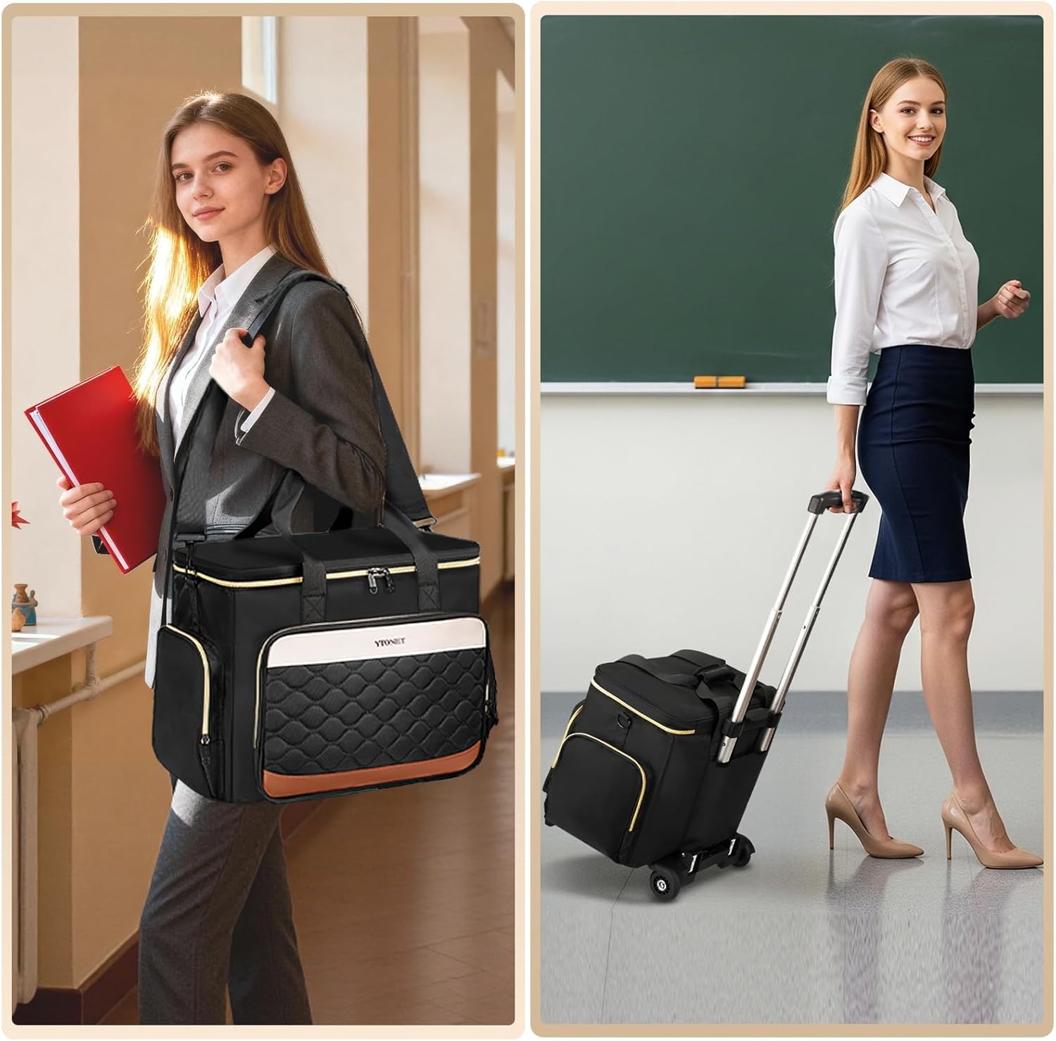 Ytonet Rolling Teacher Bag with Insulated Lunch Carrier, 15.6" Rolling Laptop Bag Women with Detachable Dolly, Large Roller Briefcase for Women Roller Tote Bags for Teacher Work Office Nurse Craft - Image 2
