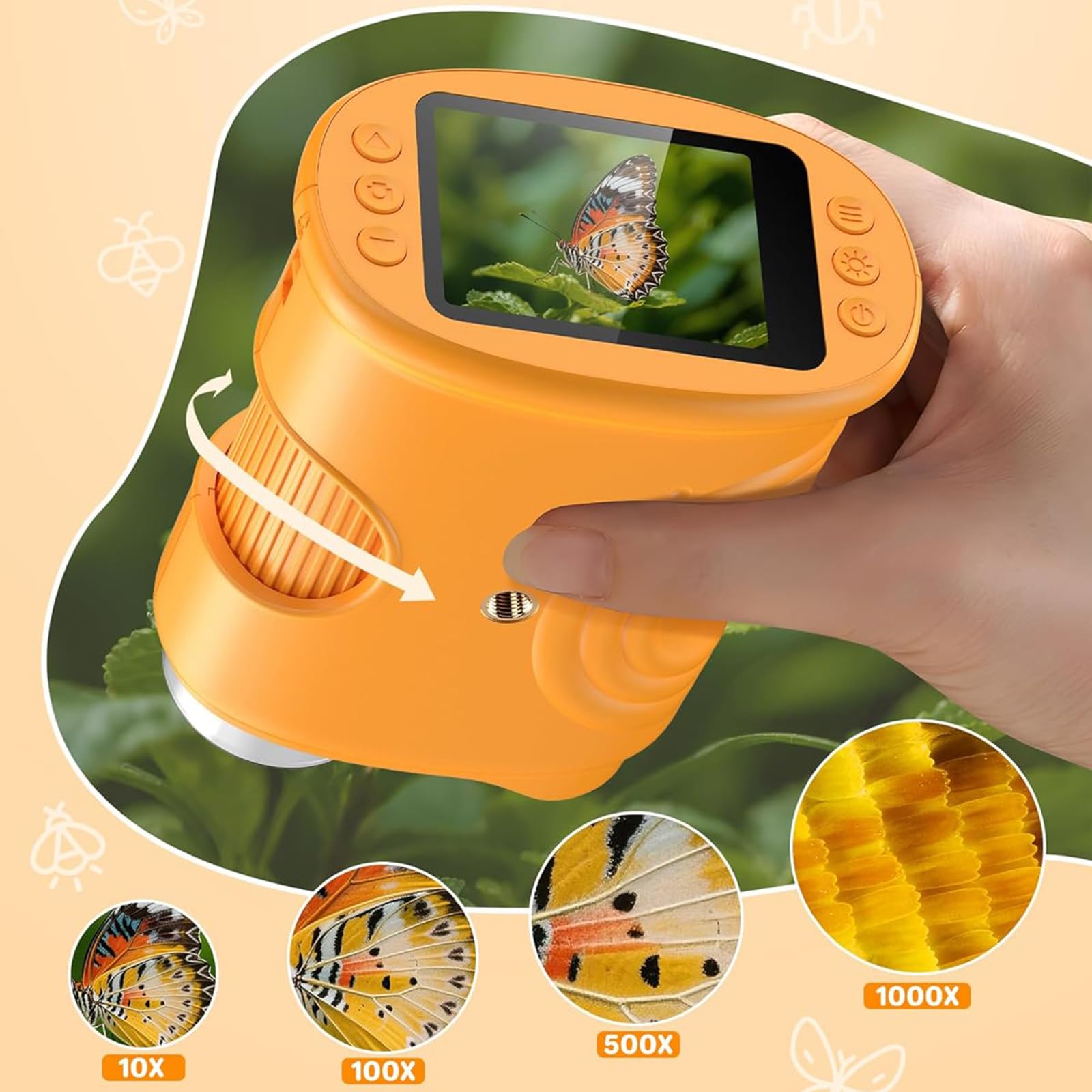Instrumento de grado de laboratorio para niños, aumento de 1000X, estructura de concentración manual, batería de 600 mAh, 8 enfoques LED, herramienta de descubrimiento científico, instrumento de mano