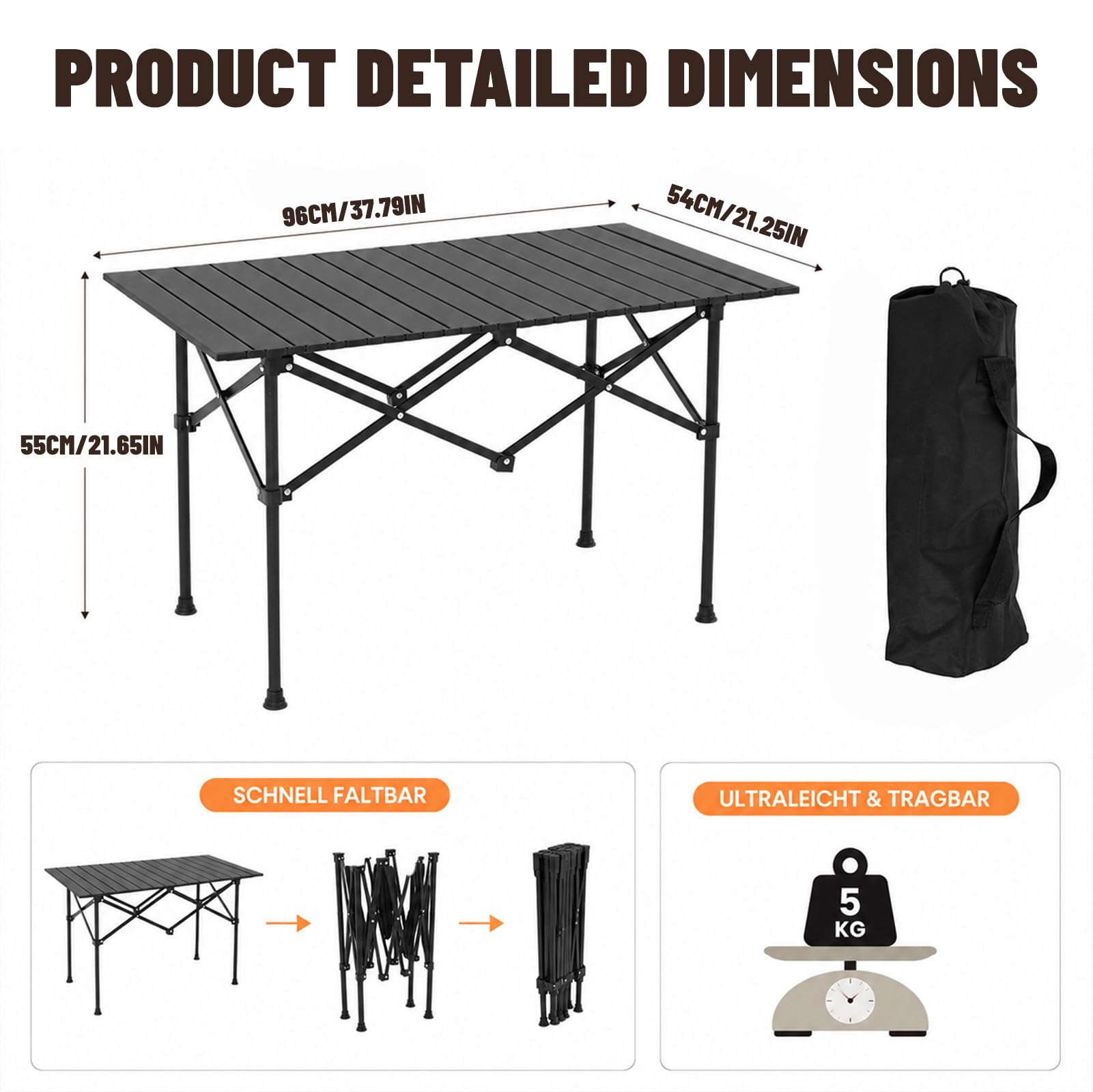 Table de camping pliable, plateau de table enroulable en acier au carbone, portable avec sac de rangement, dimensions 95 x 56 x 50 cm, pour pique-nique, jardin, cuisine, randonnée et voyage