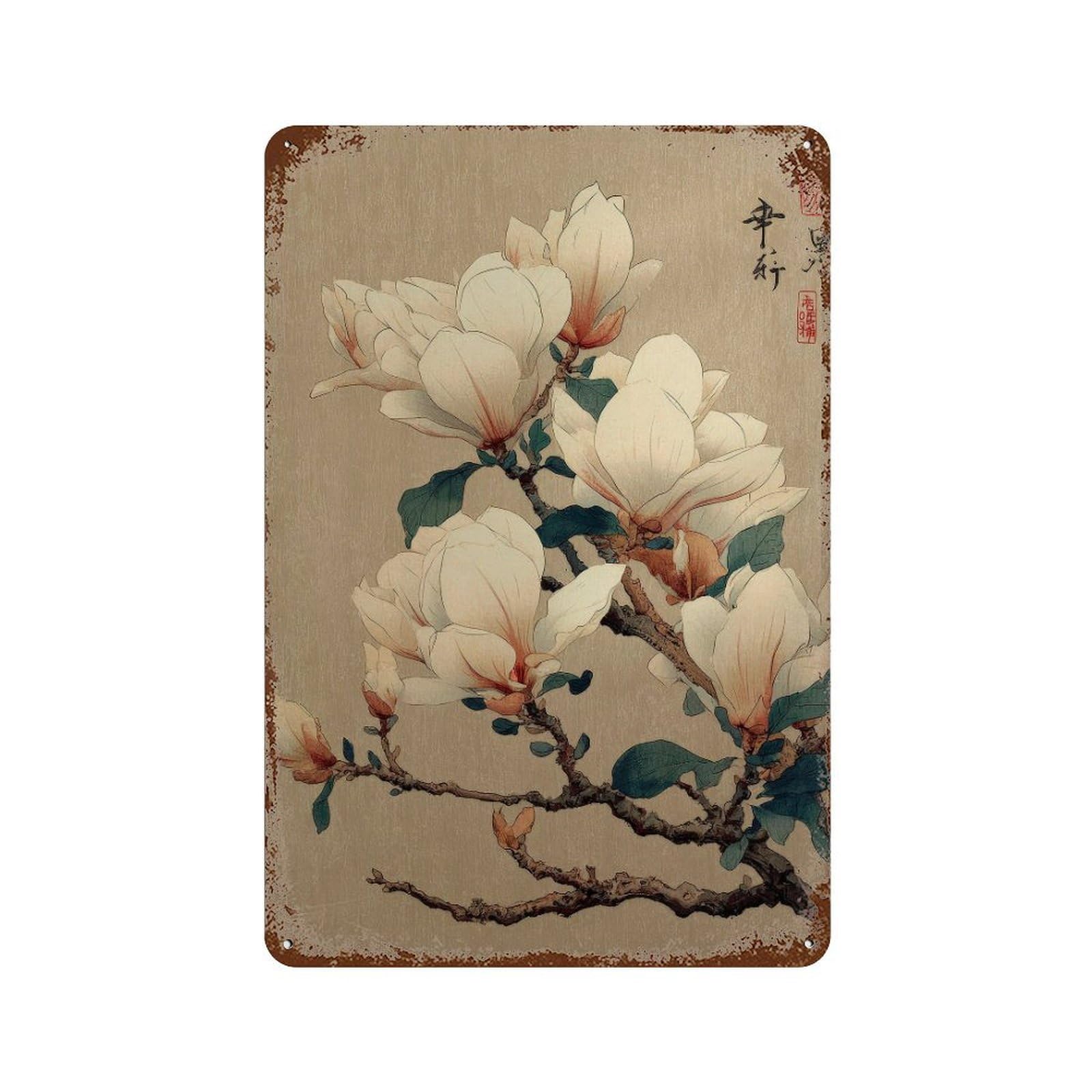 xiaoxiaoshen Magnolia Flower. Traditional Japanese Botanical Wall Decor Art Metal Tin Poster Modern Home Decor Art Home Bar Shop Decorations Vintage Sign 30x20cm