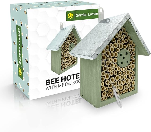 Wild Bee House Insect Home Bug Hotel in Green with Metal Roof Small Bug House with Cleaning Brush & Gift Box Attracts Bees, Butterflies & many other Bugs & Insects