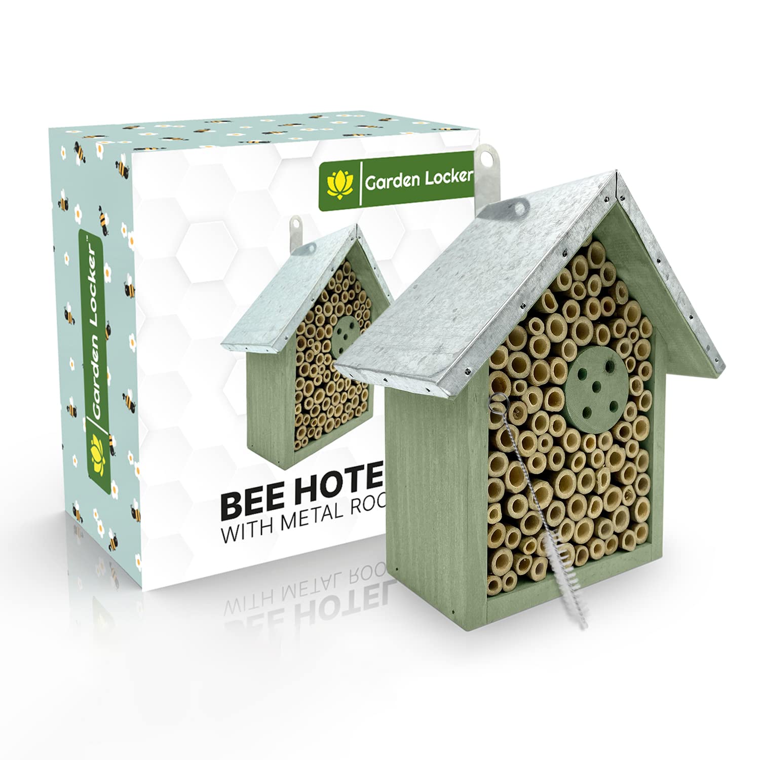 Wild Bee House Insect Home Bug Hotel in Green with Metal Roof Small Bug House Gift Box Attracts Bees, Butterflies & Many Other Bugs, Insects Bee - Birthday Gifts Great for Him
