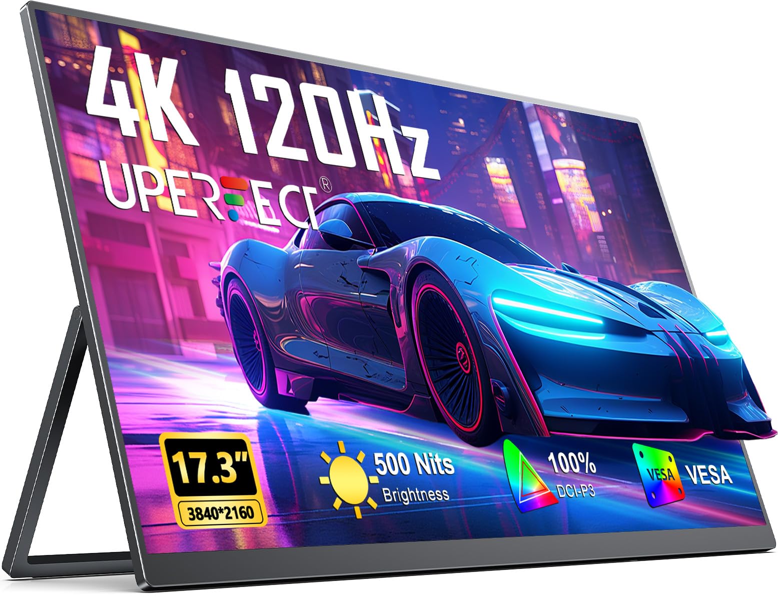 UPERFECT 17.3 Zoll 4K 120Hz QLED Portable Monitor 1500:1 500 Nits 100% DCI-P3 UHD 3840 x 2160 IPS Matt Bildschirm mit Mini HDMI USB-C Integriertem Ständer für PC Laptop, Metallgehäuse, VESA-kompatibel