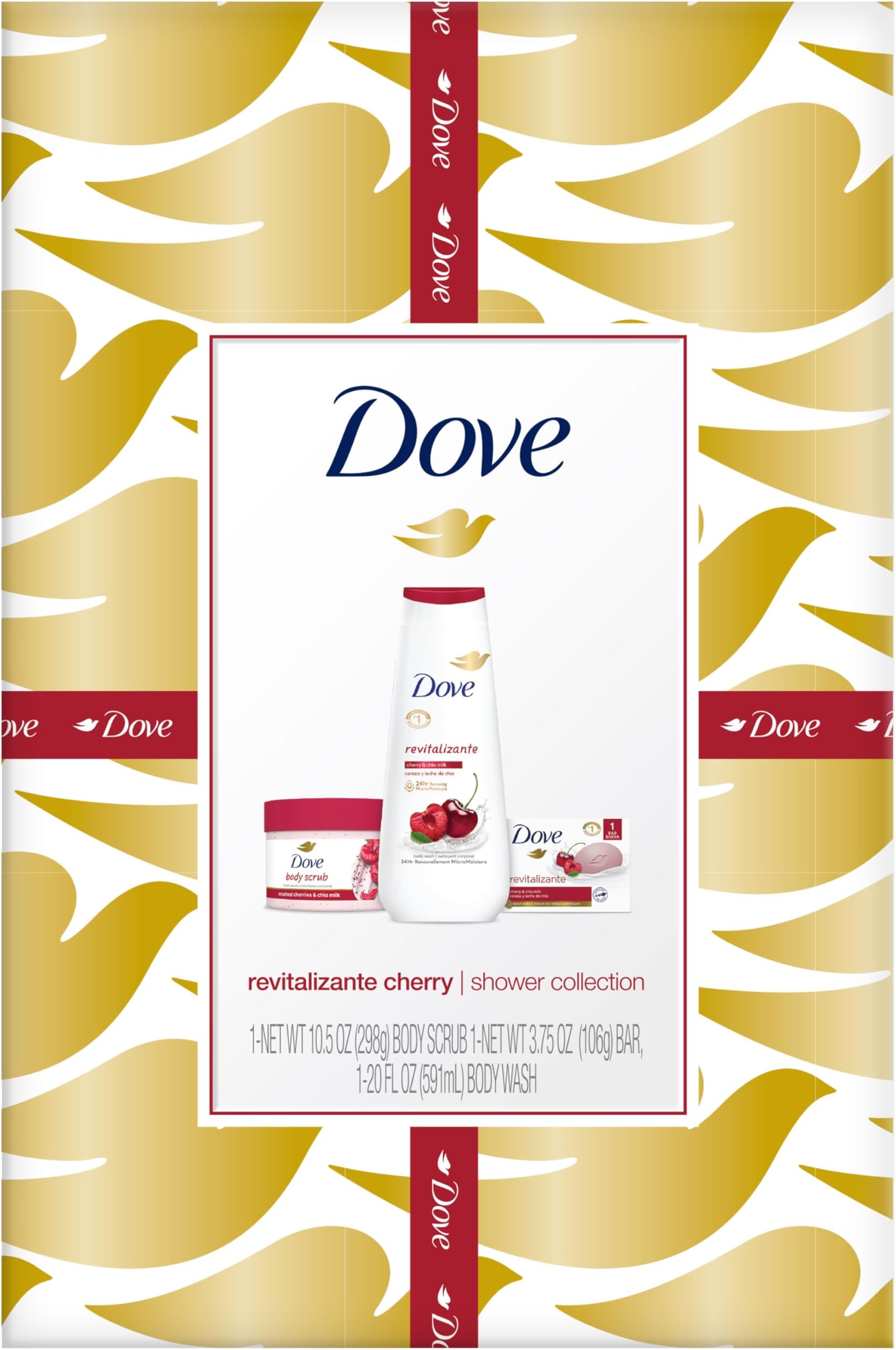Dove Revitalizing Cherry Collection Gift Set – Fruit and Chia Milk Body Wash, Exfoliating Body Polish + Soap Bar (3 Piece Set)