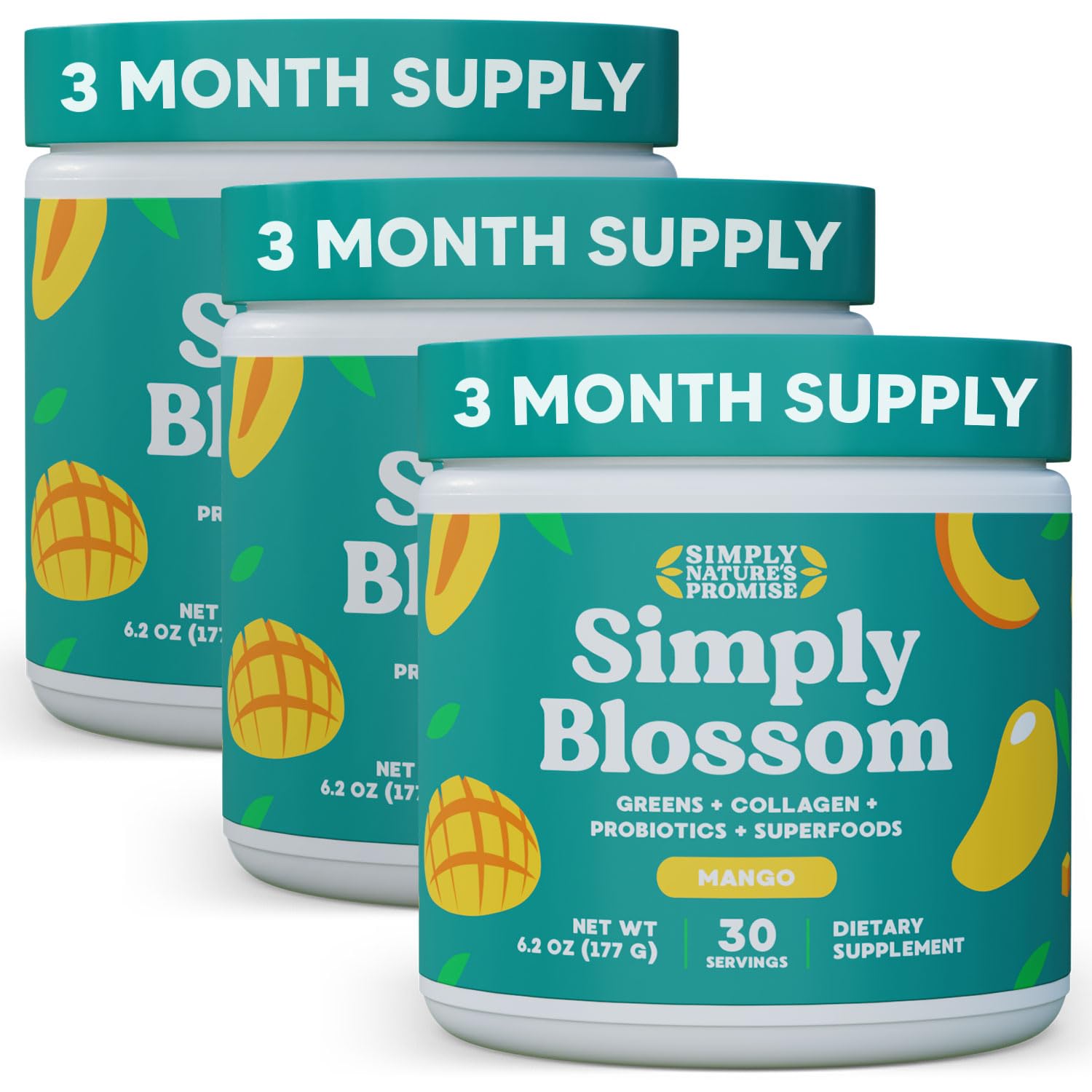 Simply Blossom Nutrition Daily Greens & Superfood Powder + Collagen + Probiotics for Women's Digestive Health & Bloating Relief. Help Your Health Bloom - 3 Month Supply - Mango