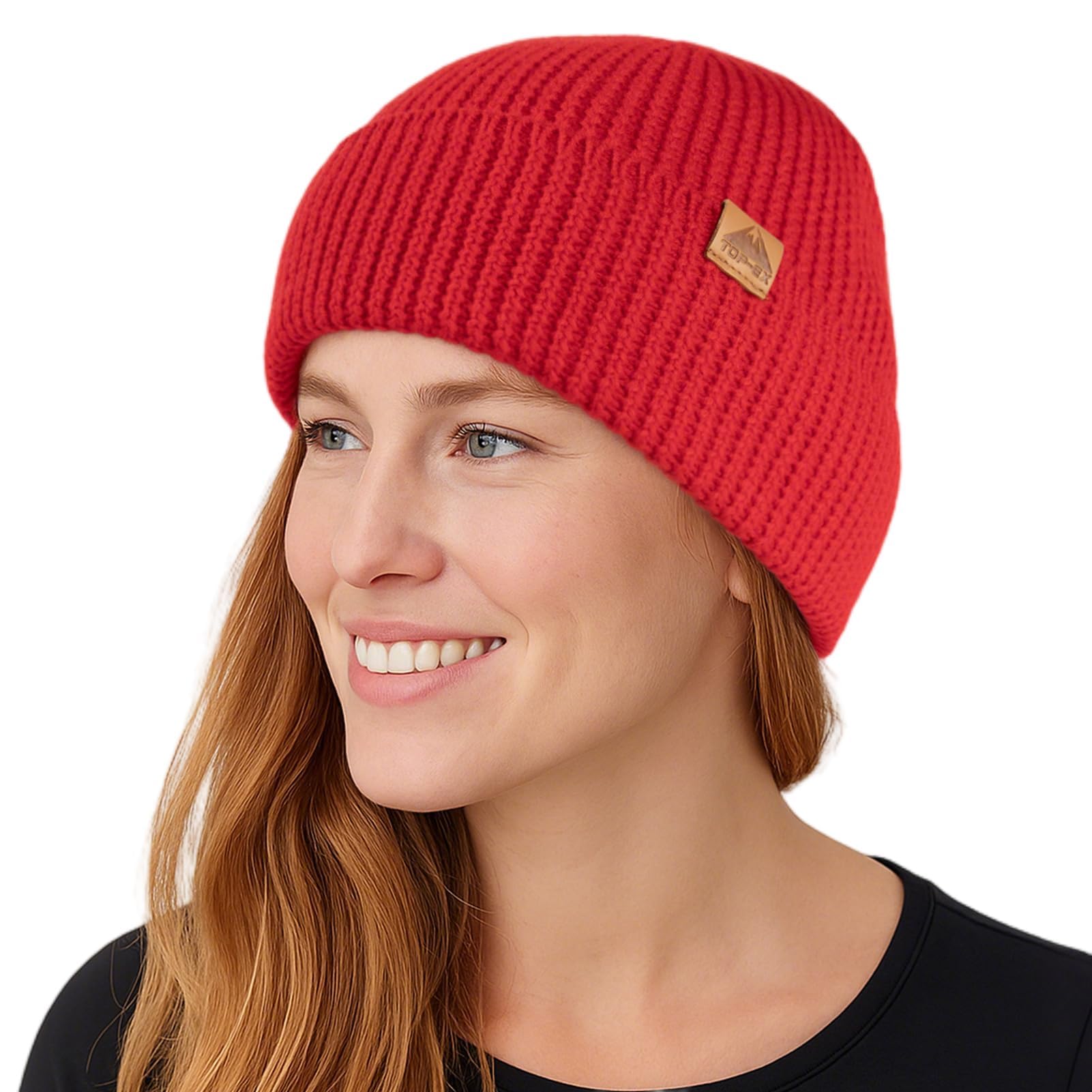 TOP-EX Gorro de lana merino 100 % con puños, punto de una sola capa, sombreros de lana de invierno para hombres y mujeres, 55-66 cm
