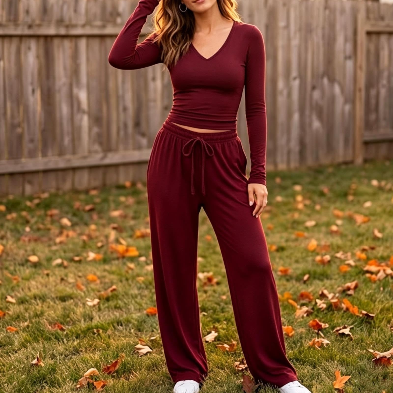 Set Da Salotto 2 Pezzi Per Donna, Manica Lunga, Top Increspato, Vita Alta