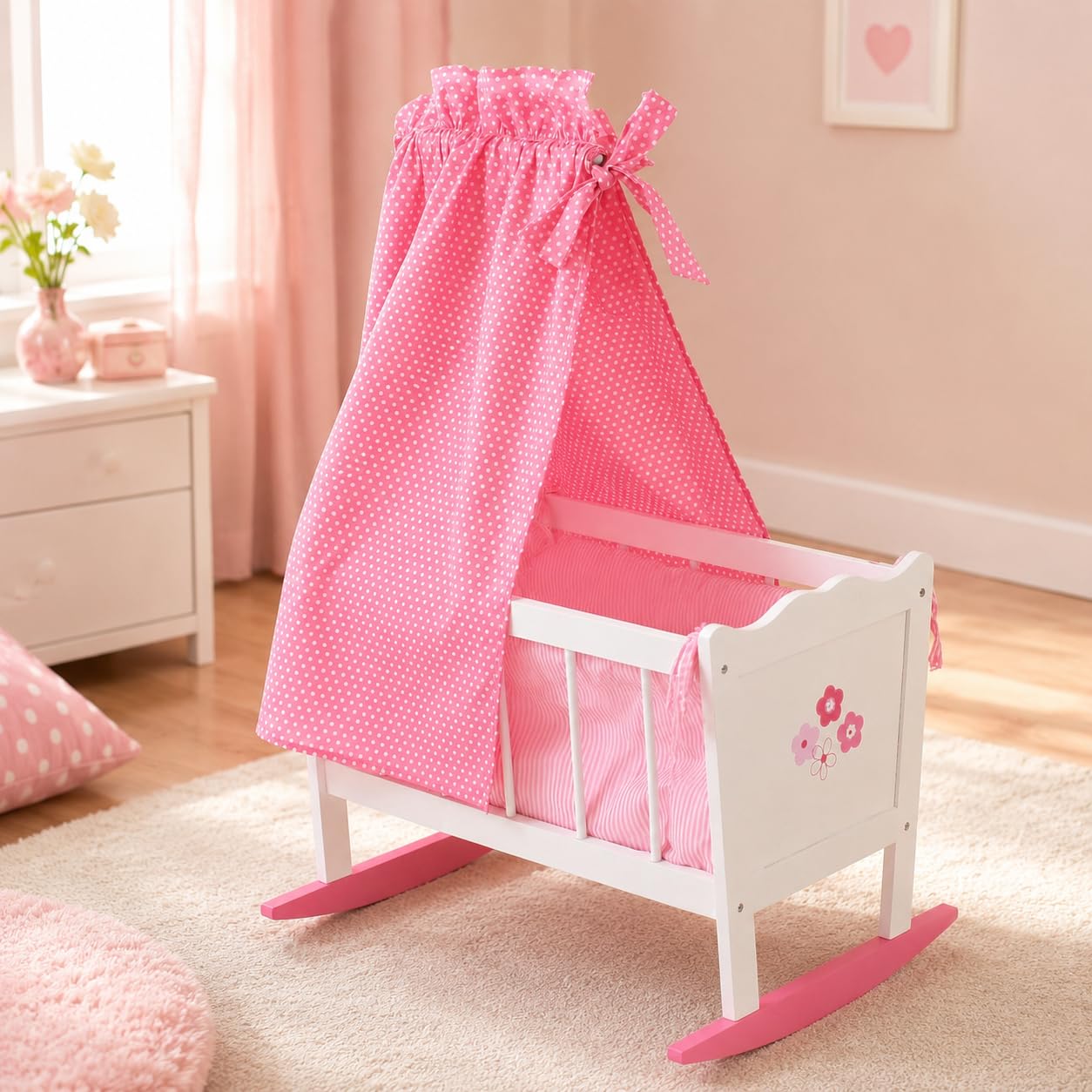 Bayer Chic 2000 - Puppenwiege, Wiege für Puppen, Puppenbett, Puppenmöbel, Puppenzubehör, Fiori, weiß, pink