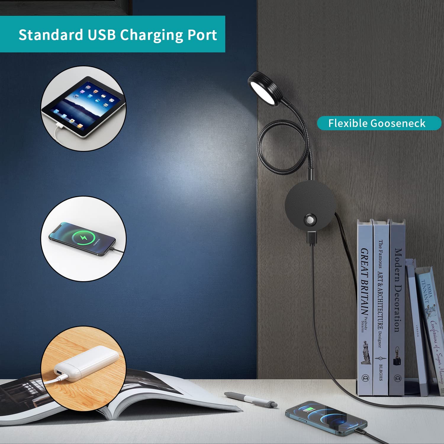 ERWEY 2pcs Lampes de lecture murales, liseuse de chevet avec interrupteur tactile dimmable 3000-6000K, port de charge USB, 4W liseuse de lit pivotante à 360° avec prise et câble pour chambre, noir