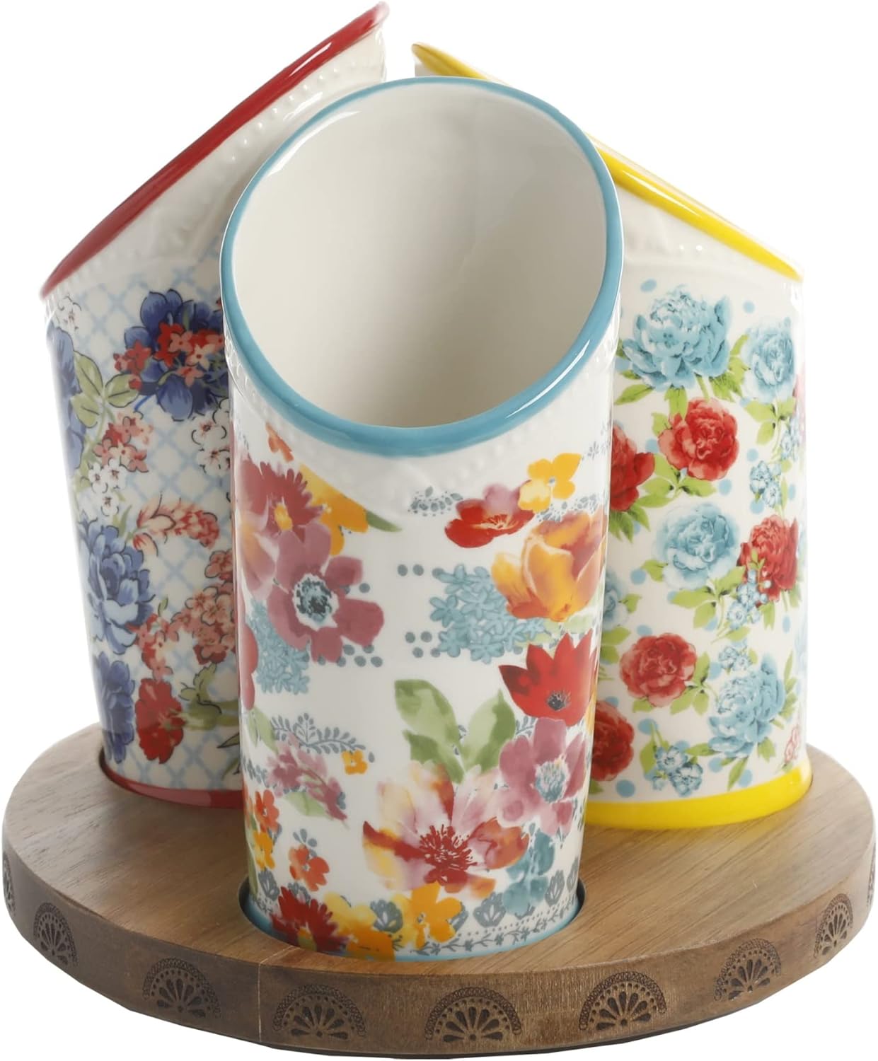 Floral Medley Ceramic 3-Compartment Utensil Holder with Wooden Base