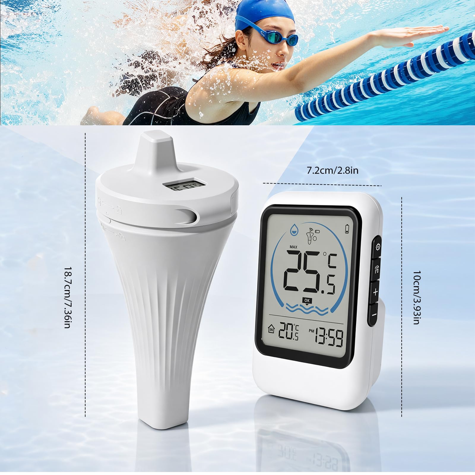 Poolthermometer Digital Funk, IP68 Wasserdichtes Schwimmendes Pool Thermometer mit LCD Display, Kabelloses Wasserthermometer für Pools, Aquarien, Teiche und Badewannen