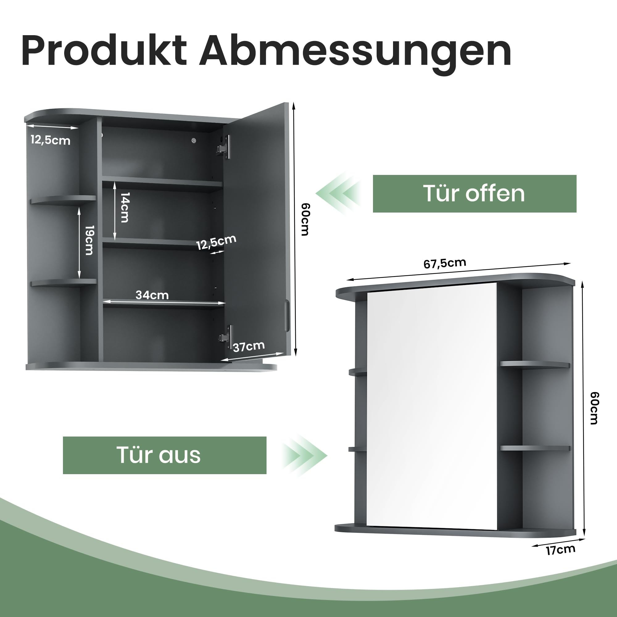Pamapic Spiegelschränke fürs Bad, Badezimmerschrank mit Spiegel, Hängeschrank Badezimmer mit verstellbaren Ablagen, Schrank mit Badezimmerspiegel, Wandschrank,67,5 x 60 cm, Grau