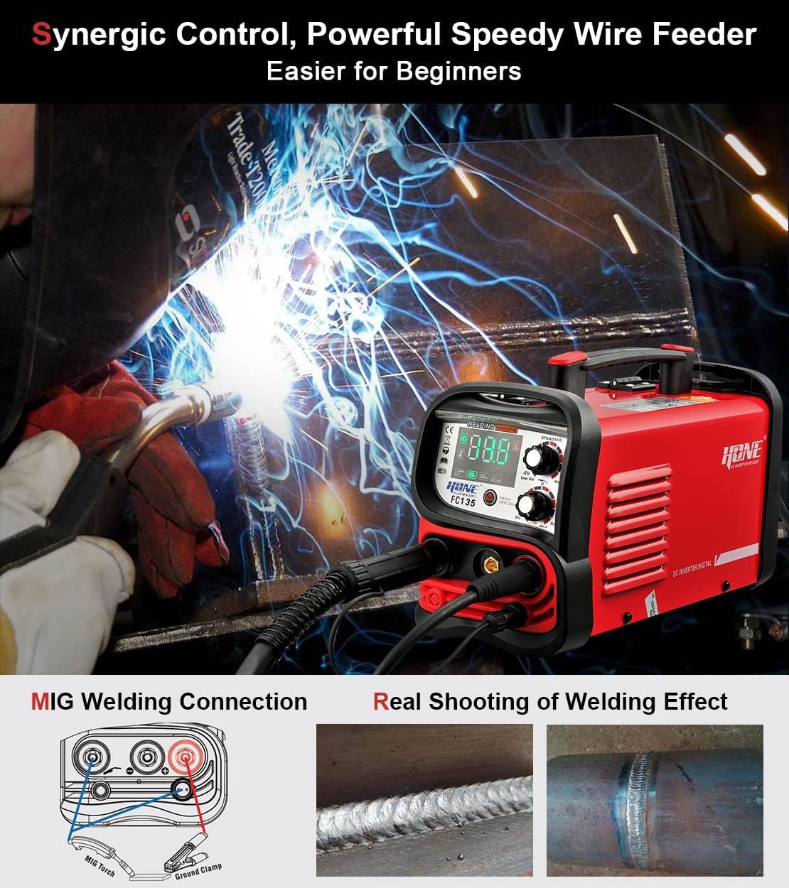 HONE MIG Welder Machine 110V,135A Flux Core Welder 3 in 1 Portable Welder,MIG/Stick Welder/Lift TIG Welding Machine with Large LED Display, Gasless Wire Welder with Flux Core Wire