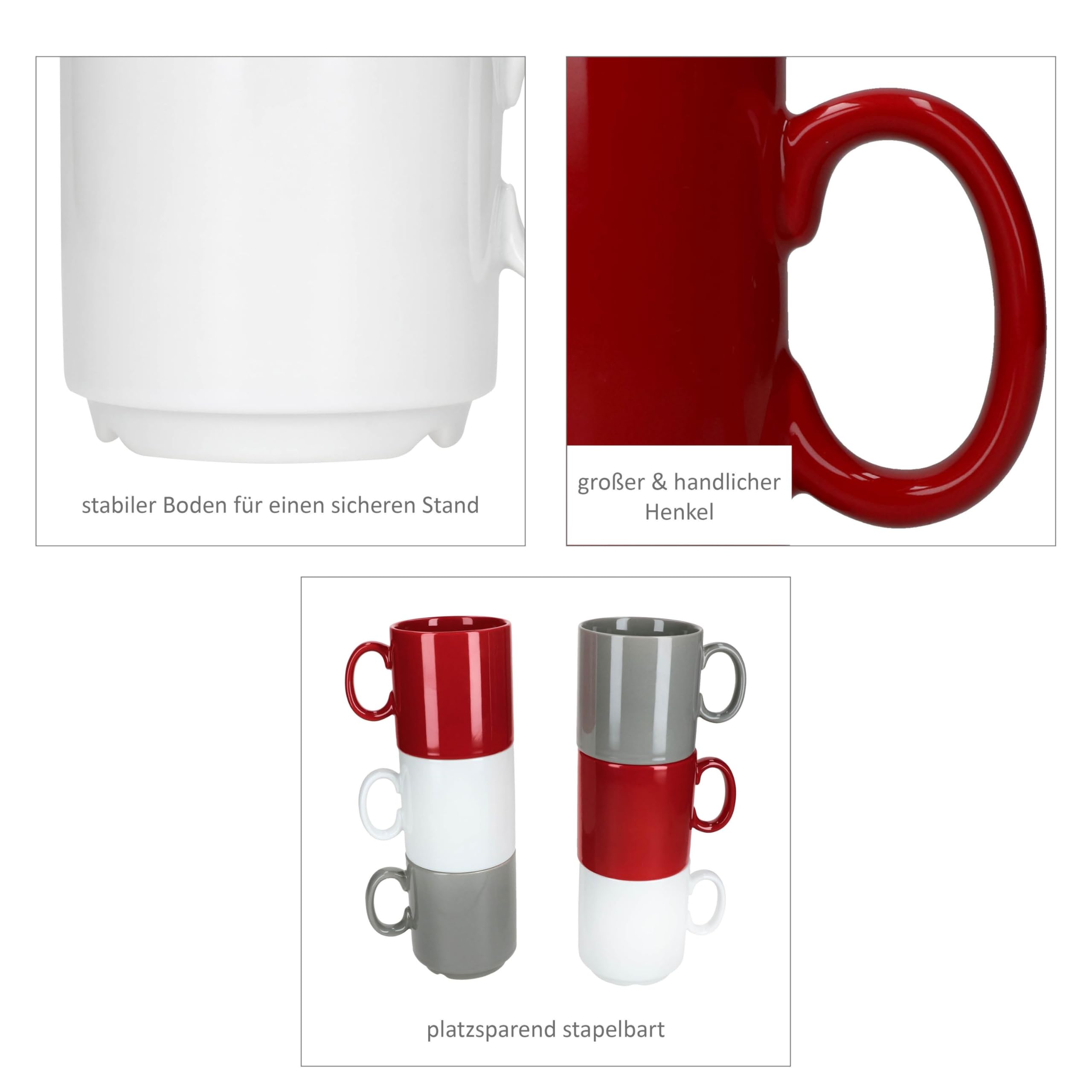 MamboCat Event Trio 36er Set Kaffeebecher I 250 ml I graue, rote & weiße Porzellan-Becher mit Henkel I 36 Personen I stapelbare Tassen für Tee, Kakao, Latte Macchiato & Co I Kaffee-Geschirr