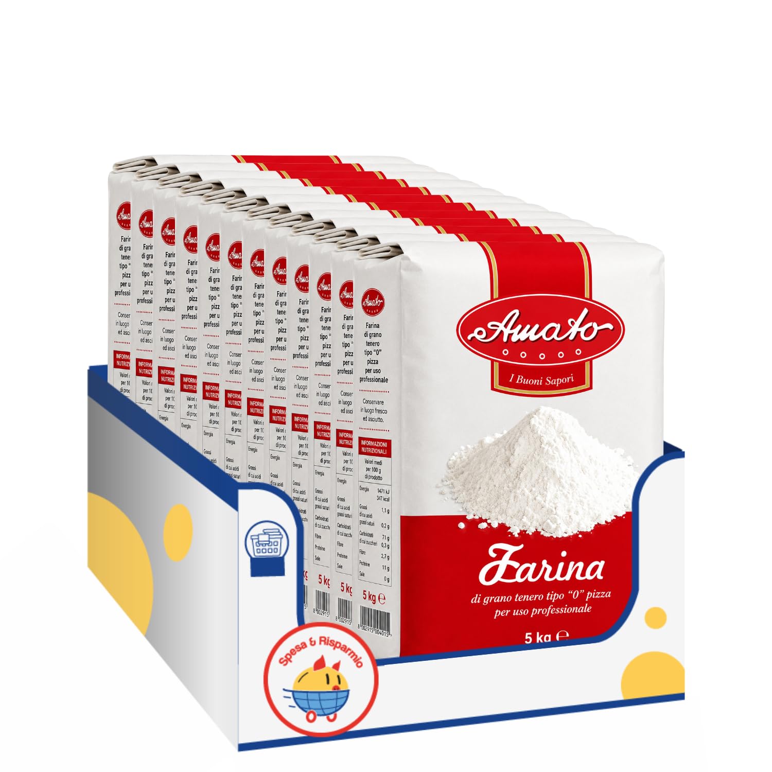 Amato Farina Pizza Tipo 0 5 kg, Farina di Grano Tenero per Pizza, Pane, Focaccia e Lievitati, Ideale per Impasti Professionali, Confezione Multipla da 4/8/12 Pezzi (12 PEZZI)