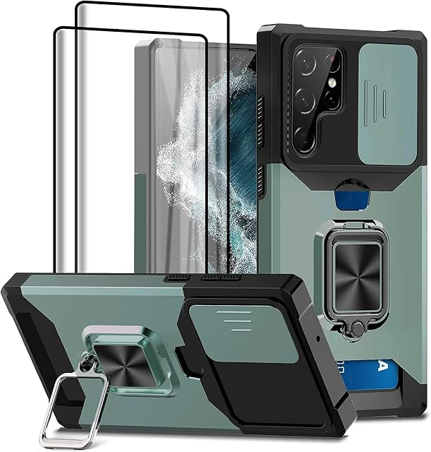 Jusy Wallet Case for Samsung S22 Ultra & 2 Screen Protectors, with Sliding Camera Cover, Card Holder Slot and Kickstand Ring, Full Body Heavy Duty Case Military Grade Cover (Sage Green)