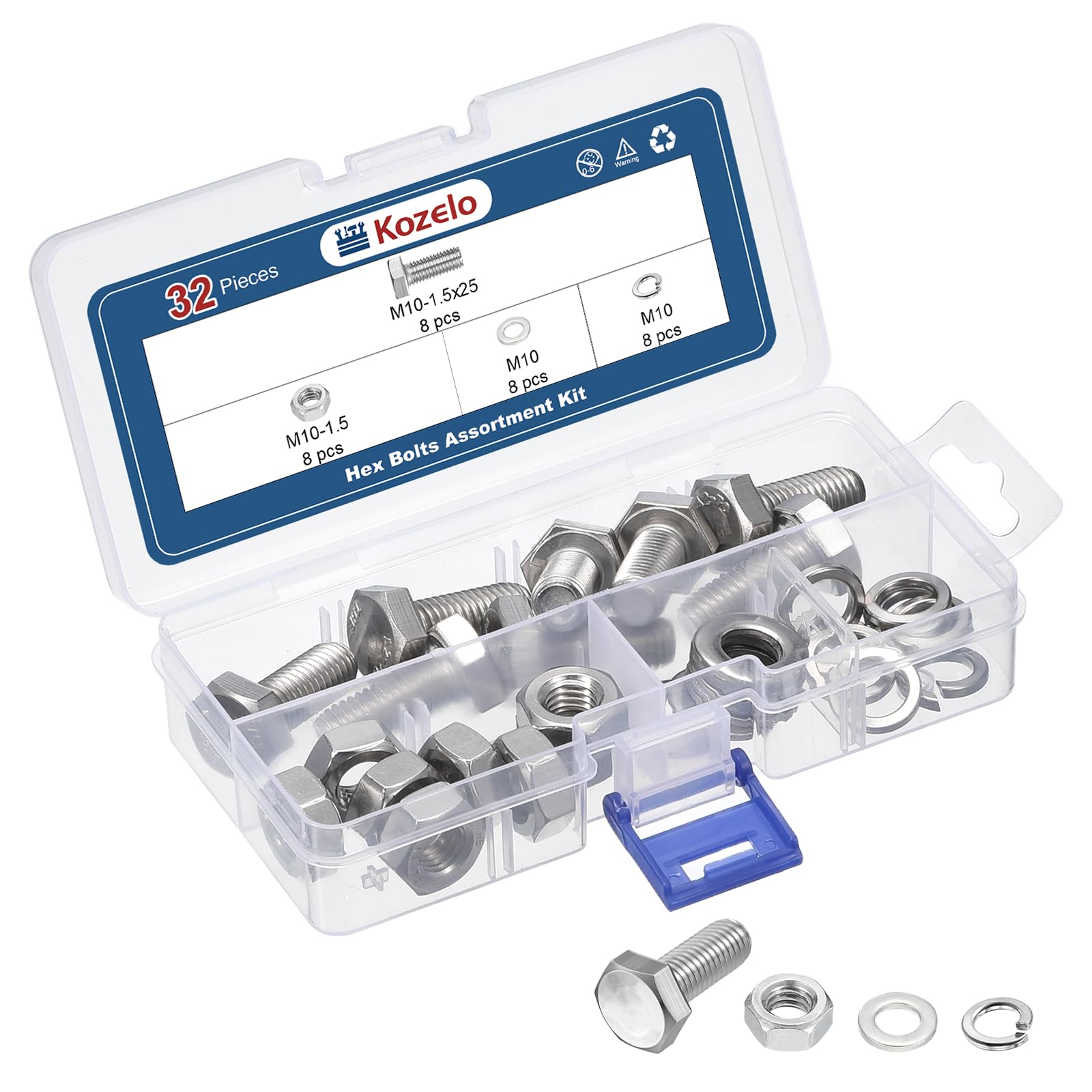 Kozelo 32 Pcs Bolts and Nuts Washers Kit - [M10-1.5x25] 304 Stainless Steel Hex Tap Bolt Assortment Fully Threaded Hexagon Head Machine Bolts Right Hand External Hex Drive, Silver Tone — image 1