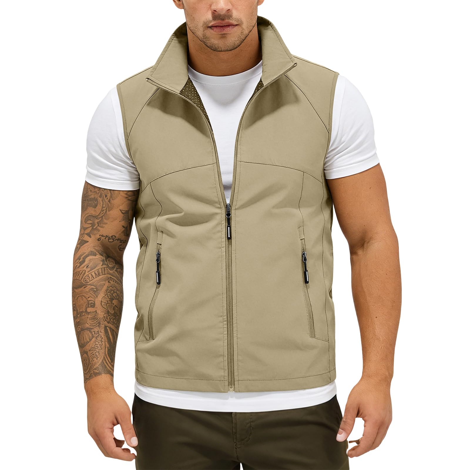 Chaleco de trabajo para hombre al aire libre transpirable, chaleco de pesca ligero, cuello alto sin mangas con cremallera