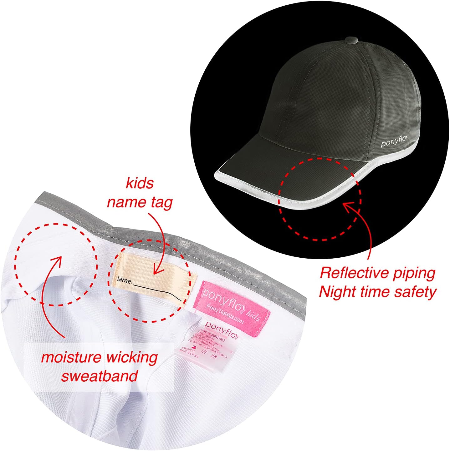 Ponyflo Kids Active Ponytail Hat, Patented Girls’ Ponytail Baseball Cap with Reflective Lining, Quick-Dry UV Sun Protection
