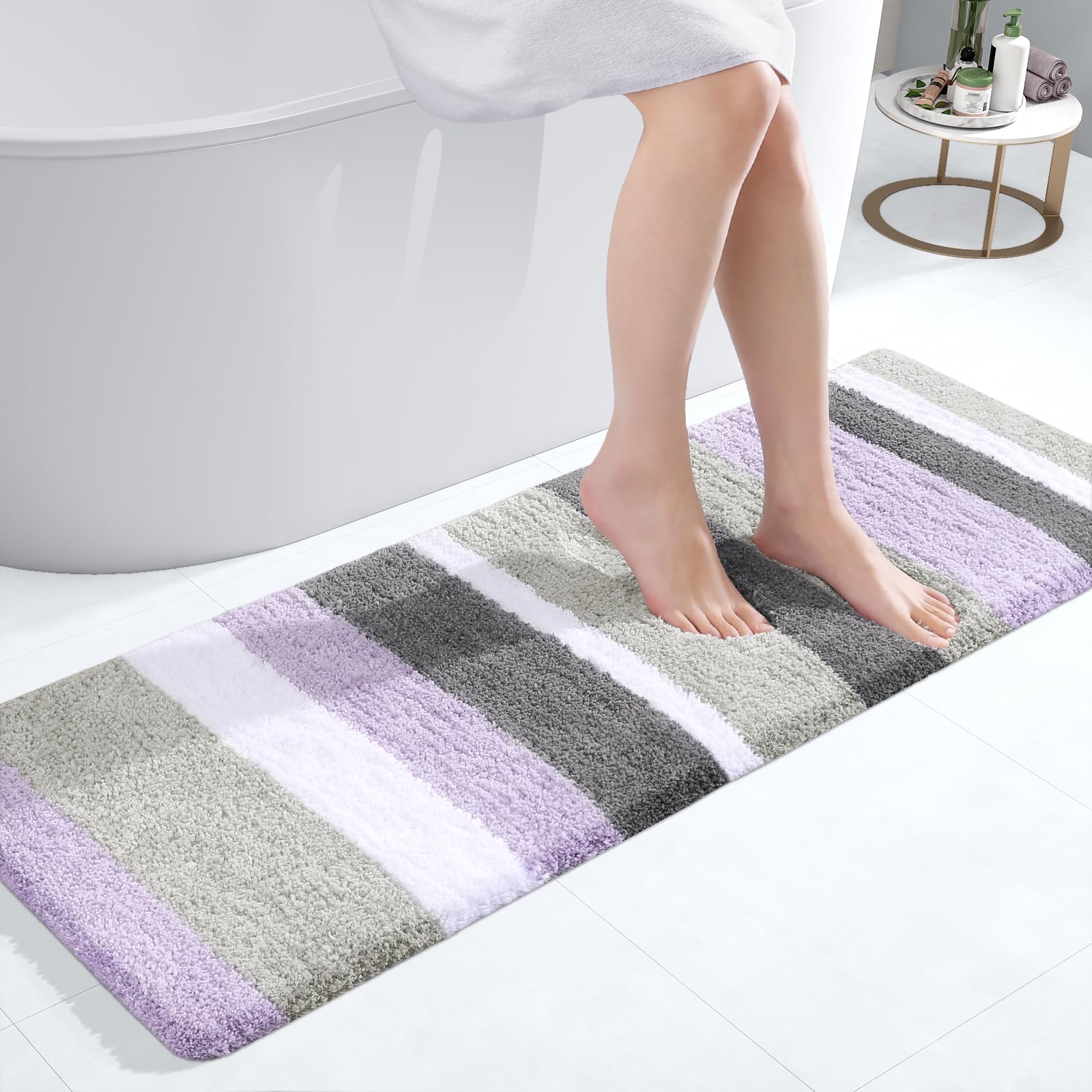 Buganda Microfiber Striped Bathroom Rugs Bath Mat, Extra Thick, Soft and Shaggy, Absorbent, Machine Washable, Bath Rugs for Bathroom, Tub and Shower,