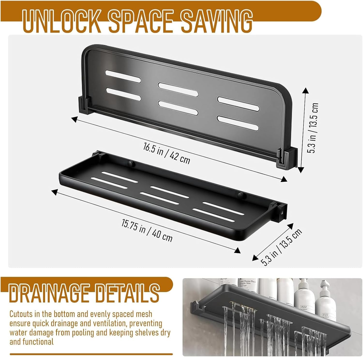 Small Folding Wall Shelf - Waterproof and Rust-Proof 90° fold Down - Easy Installation Folding Metal Shelf, Ideal for RV, Laundry, Toilet, Kitchen and Sofa (Black 2PCS, 15.75inch)