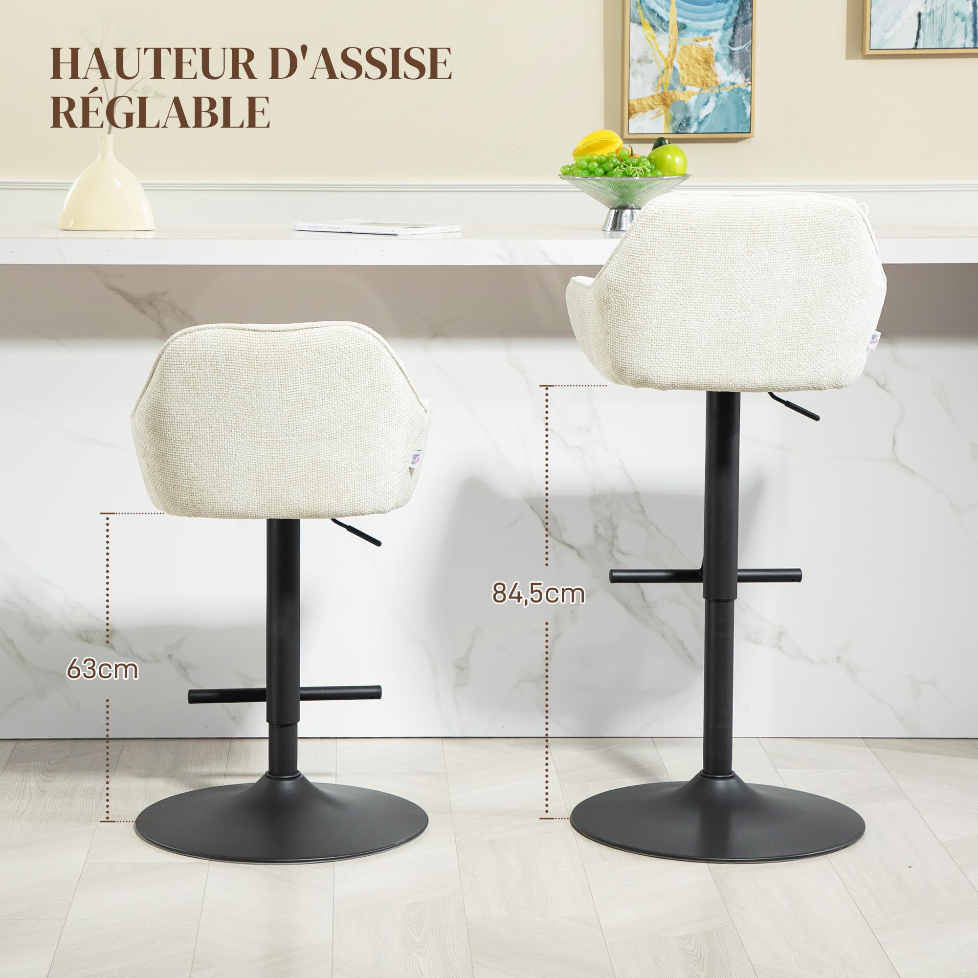 HOMCOM Lot de 2 Tabourets de Bar Hauteur Réglable Crème