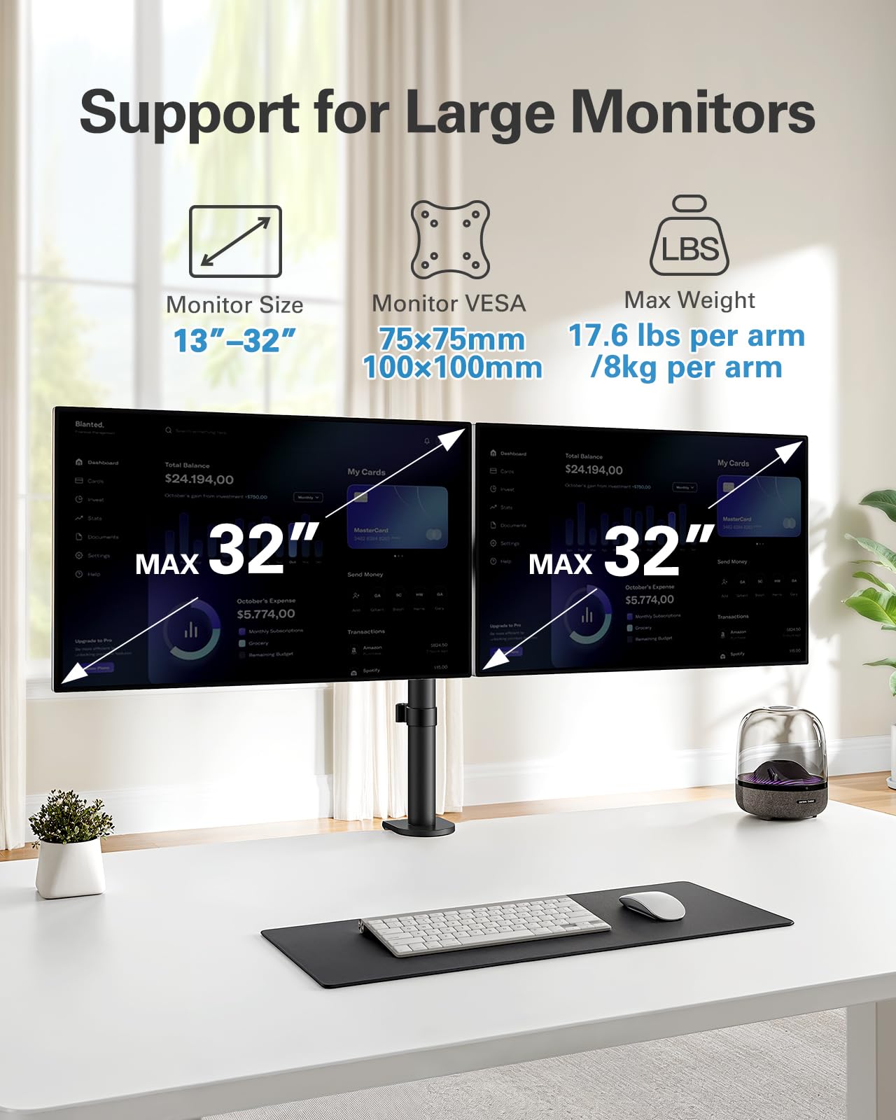 HUANUO Soporte para Dos monitores para Pantallas de 13 a 32 Pulgadas, Soporte para Monitor, Altura Ajustable, inclinación, Giro, rotación, Brazo para Dos monitores, VESA 75/100