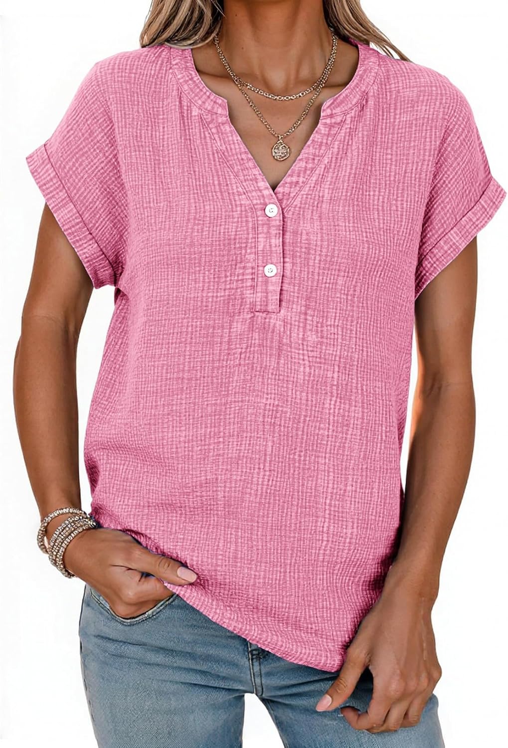 Dokotoo Women's Summer 2026 Boho Tops Casual Button Short Sleeve V Neck Shirts Solid Cotton Blouses - Image 4