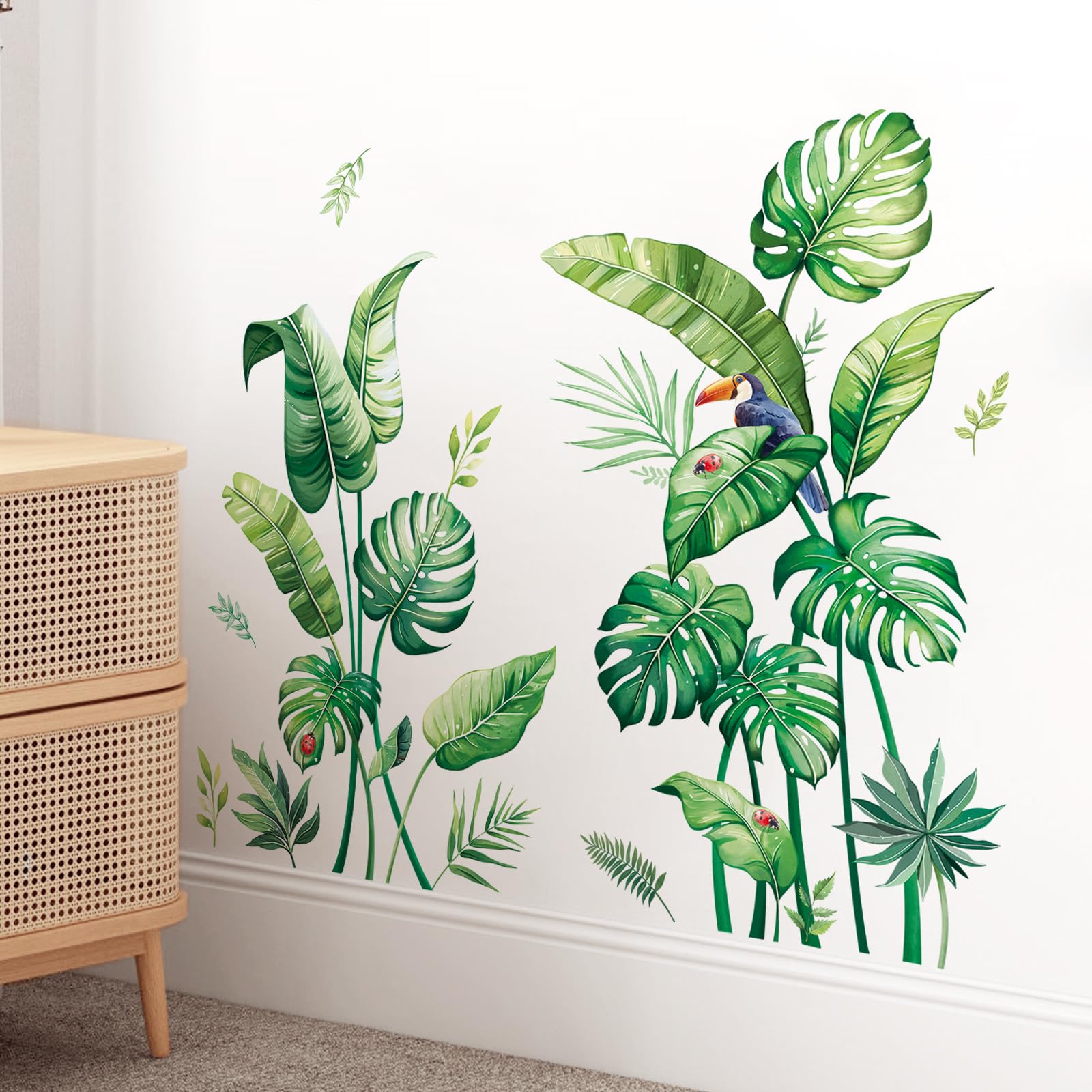 Sticker Mural Chambre Adulte Decalmile Adesivi Murali Sticker Mural Palmier Tropical Oiseaux 153cm - Déco Murale Adhésive Salon Chambre Bureau Décoration Murale Noire Stikers Murals Chambre Adulte