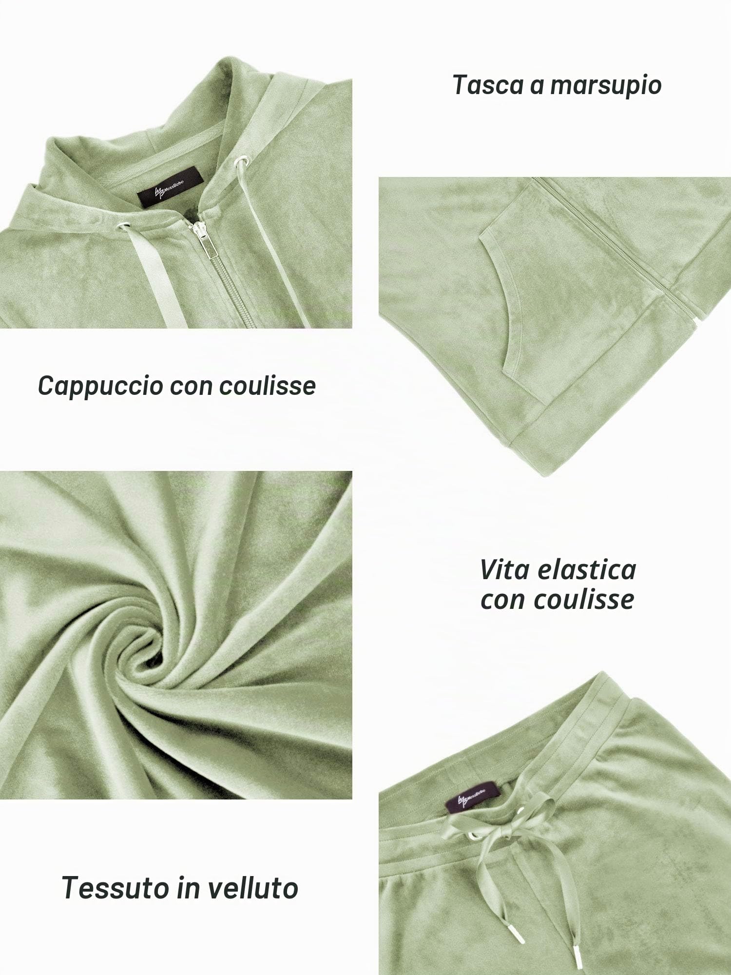 MessBebe, tuta da ginnastica da donna in velluto per il tempo libero lo sport 2 pezzi felpa con cappuccio a maniche lunghe con zip e pantaloni lunghi sportivi verde, XL