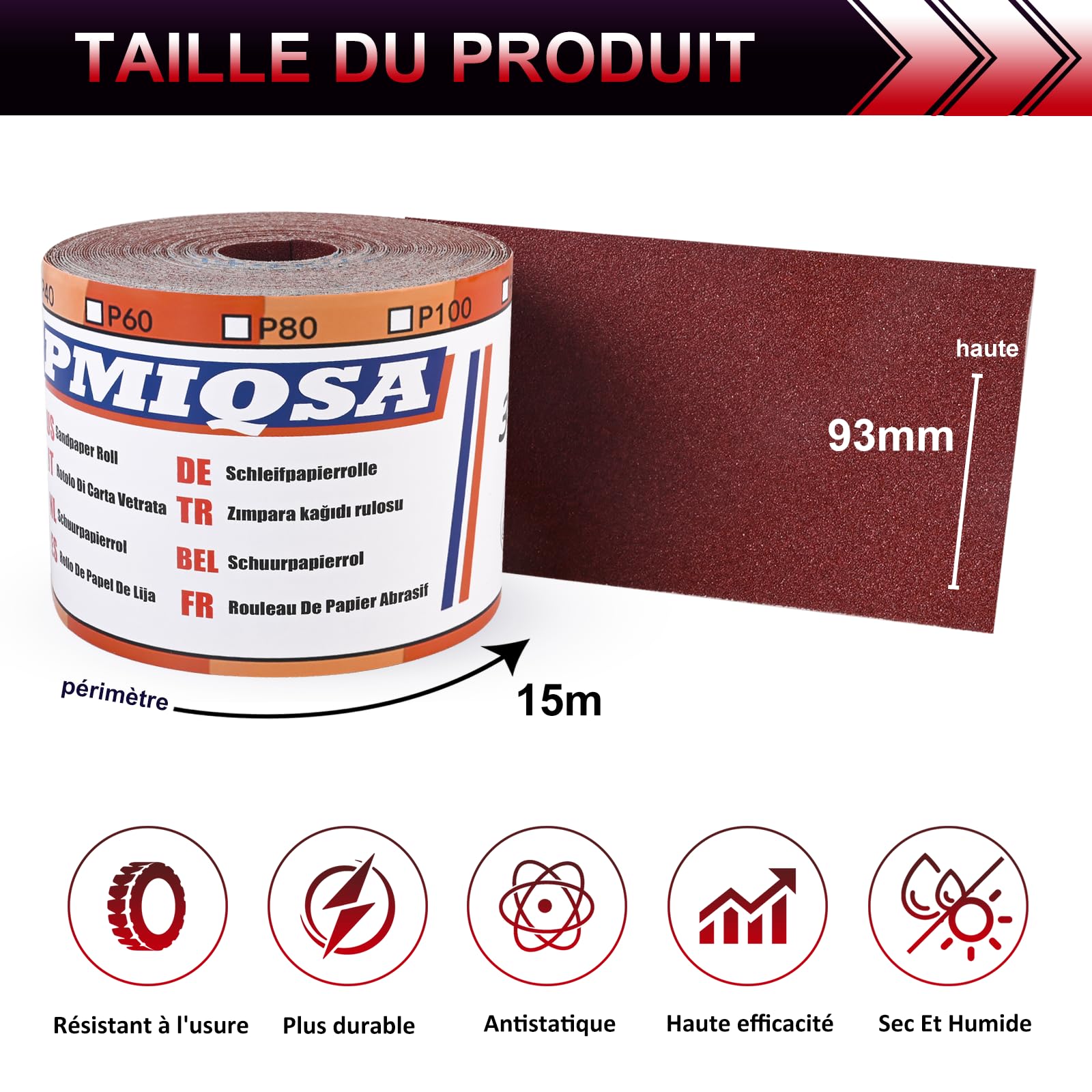 Rouleau de Papier Abrasif 15 m x 93 mm Oxyde D’Aluminium Grain 120 | Papier de Verre en Toile émeri à Base de Tissu pour Le Bois, Le MéTal, La Peinture pour Ponceuses Vibrantes et Manuelles