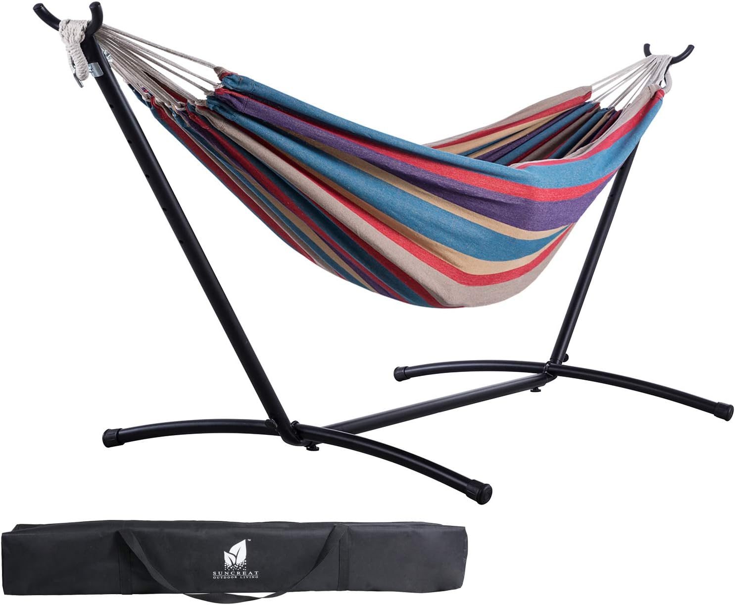SUNCREAT Double Hammock and Space Saving Steel Stand Includes Portable Carrying Case, Extra Large Hammock for Backyard, Porch, Outdoor and Indoor Use, 10 FT-Tropical