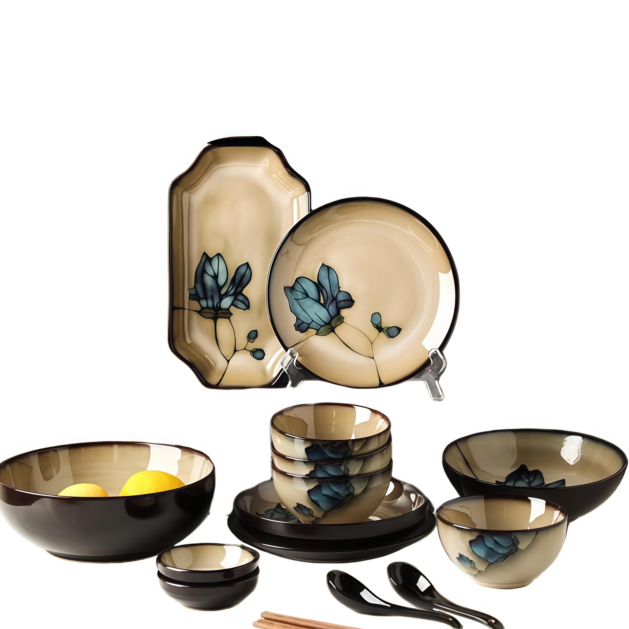 Ele Service de table 18 pièces en porcelaine pour 4 personnes comprenant des assiettes Ceic, des bols en Pa, une casserole à soupe, des cuillères chinoises et des chopstic – T en grès parfait pour les