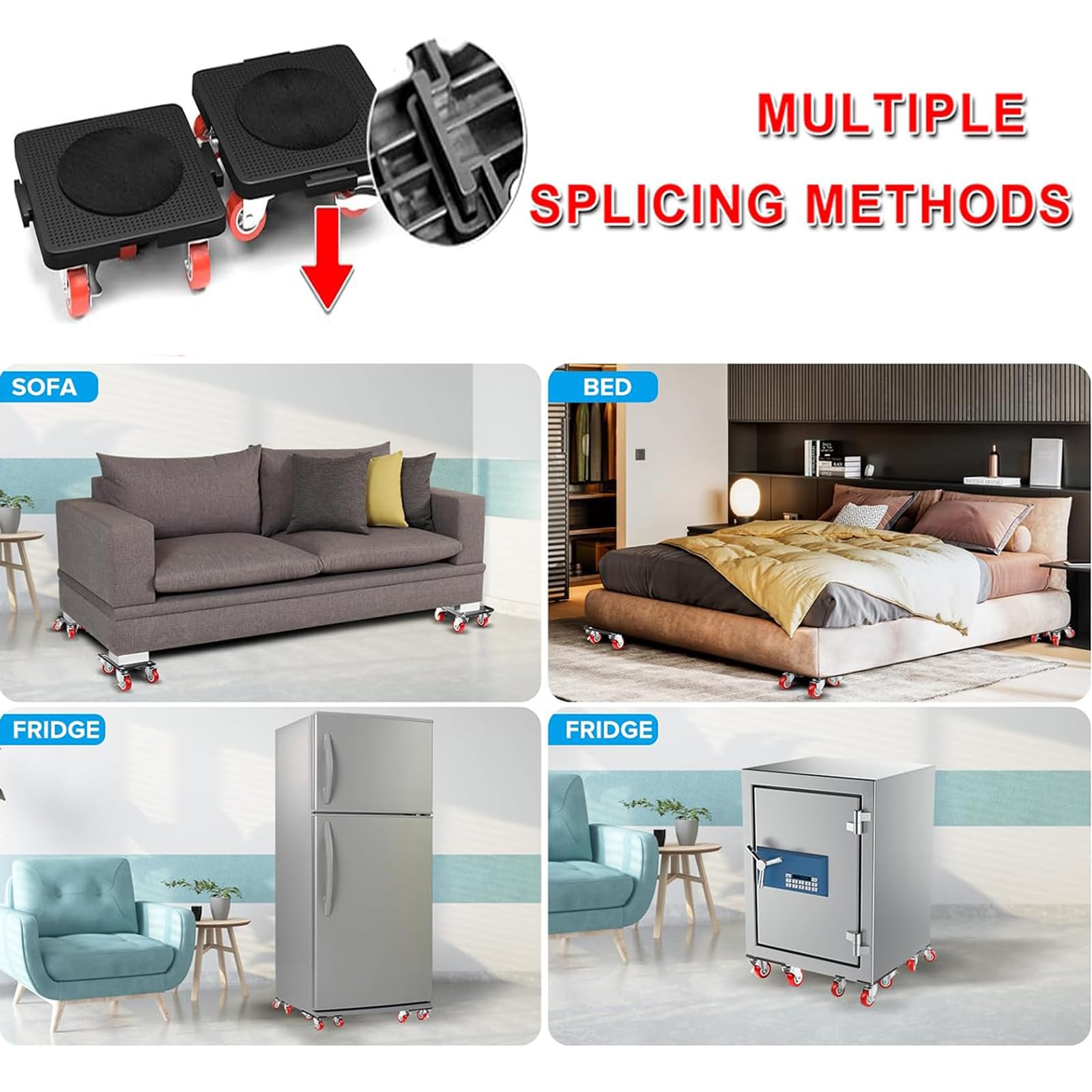 Auauraintt Juego de Ruedas de Transporte para Muebles, con 4 Ruedas, Puede Girar 360°, Capacidad de Carga de 300 kg, Juego de Herramientas para Mover Muebles para sofá, refrigerador, Lavadora