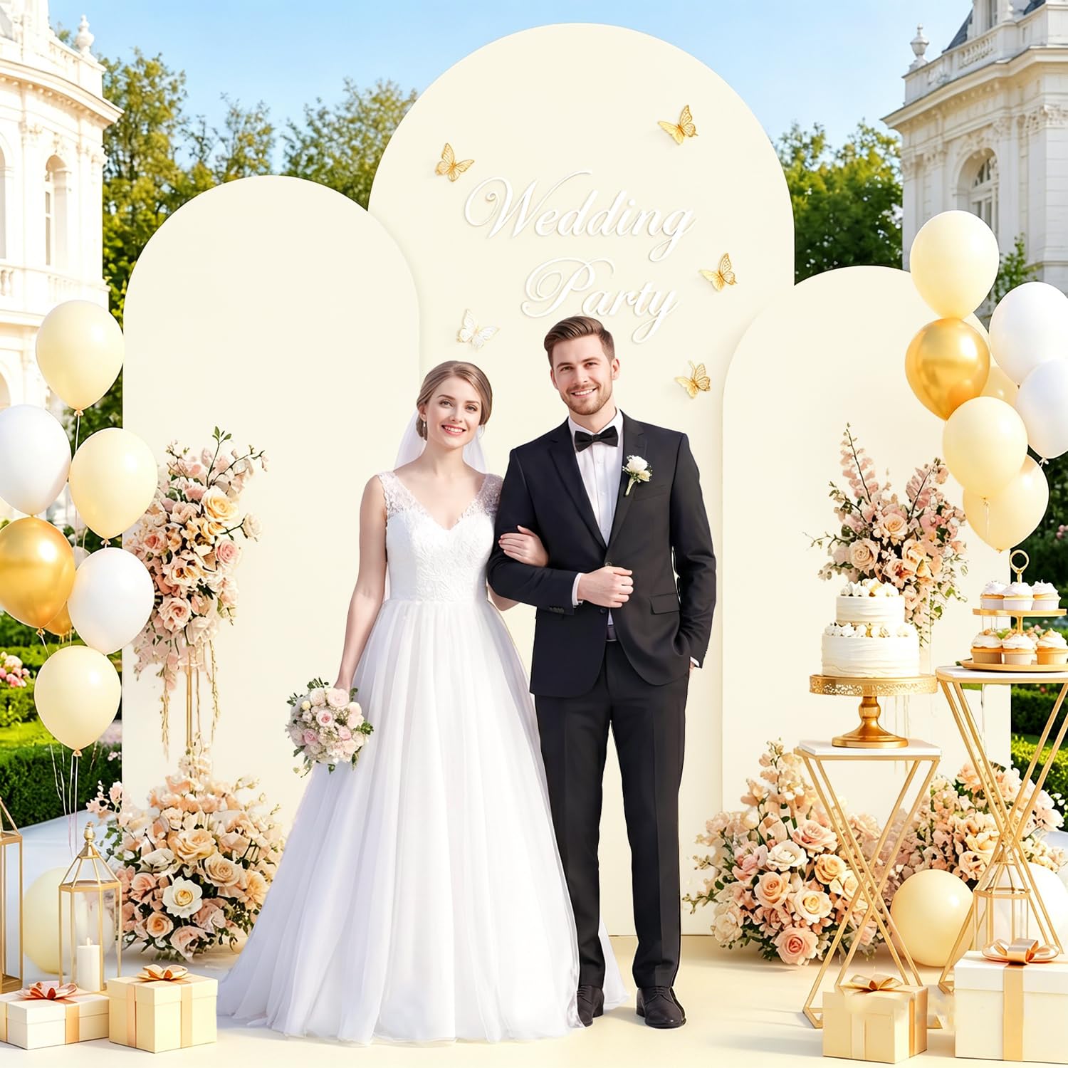 Set mit 3 Hochzeitsbögen, 1,8 m, 2 m, 2,2 m, Elfenbeinfarben, Bogenabdeckung, Chiara-Bogen-Hintergrund, Spandex, Bogenständer, Ballon-Bogenabdeckungen, dehnbarer Hintergrund für Hochzeitszeremonie